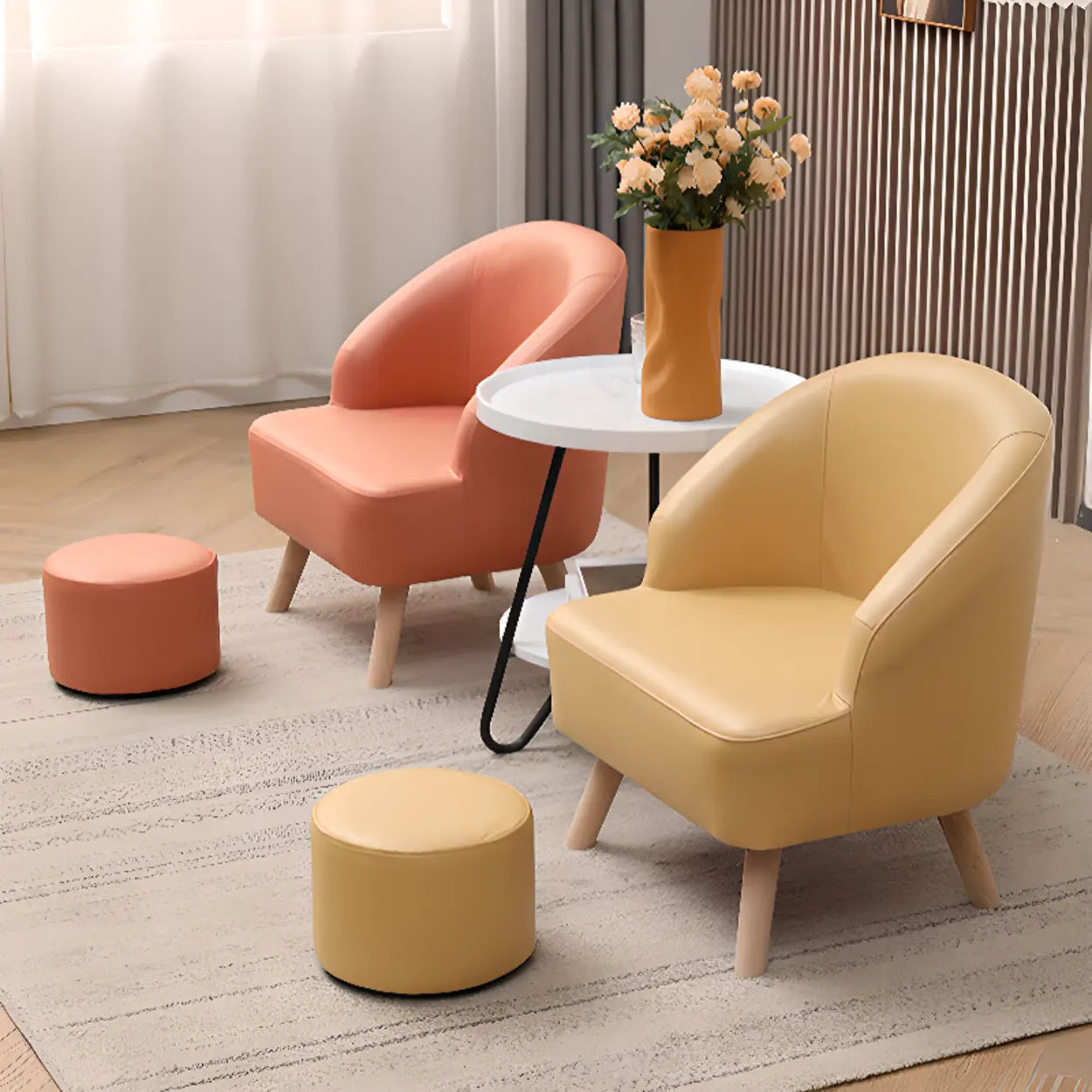 Leather Curved Back Accent Chair with Four Legs — Beige / Tech Cloth