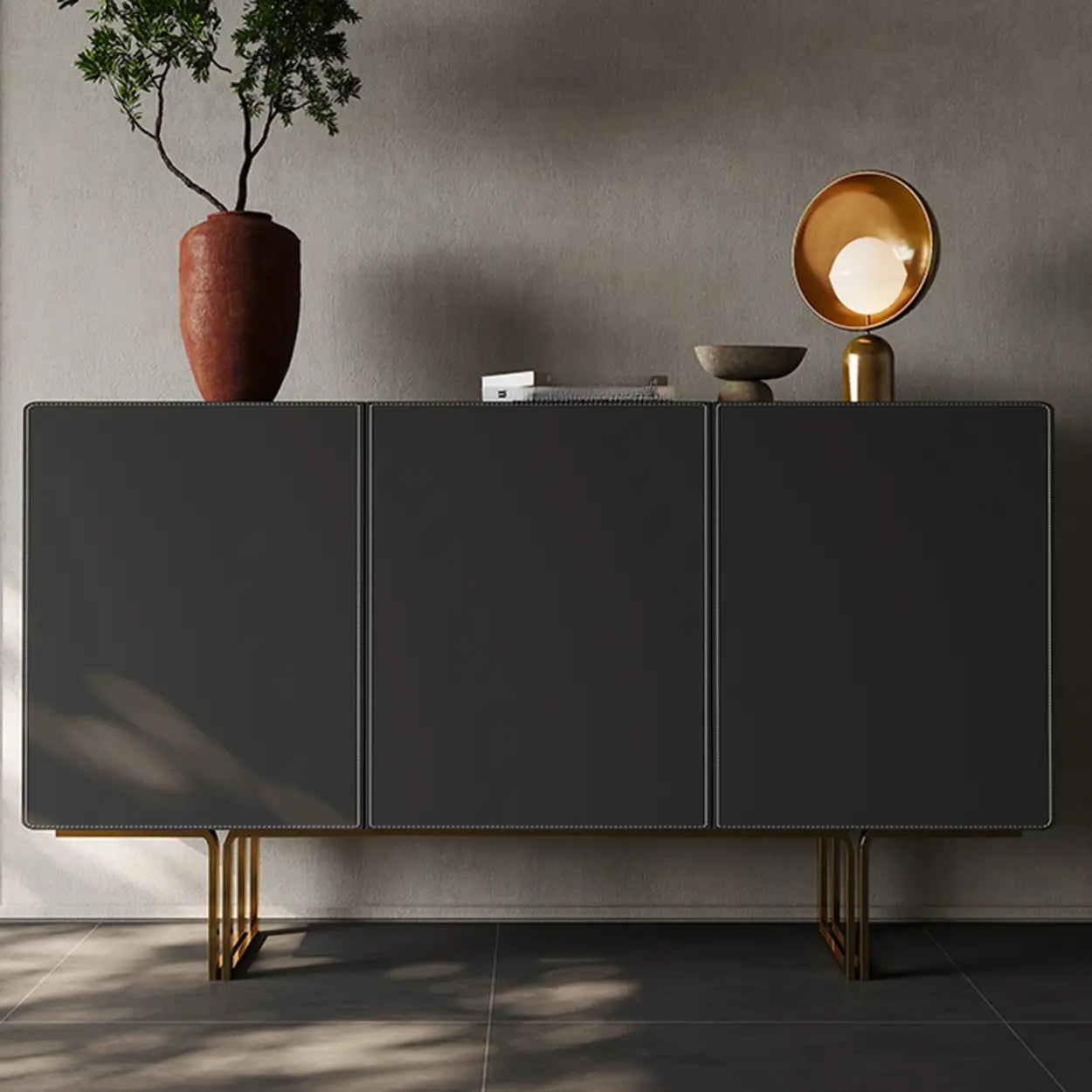 Leather Top Rectangular Black Metal Storage Console Table