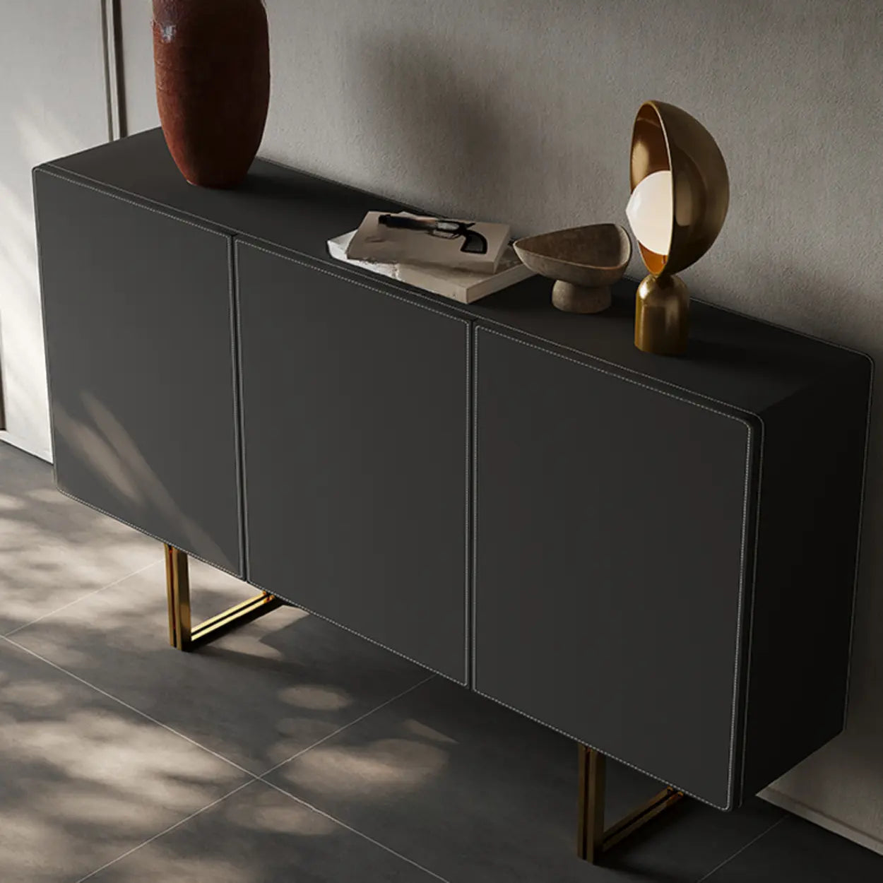 Leather Top Rectangular Black Metal Storage Console Table
