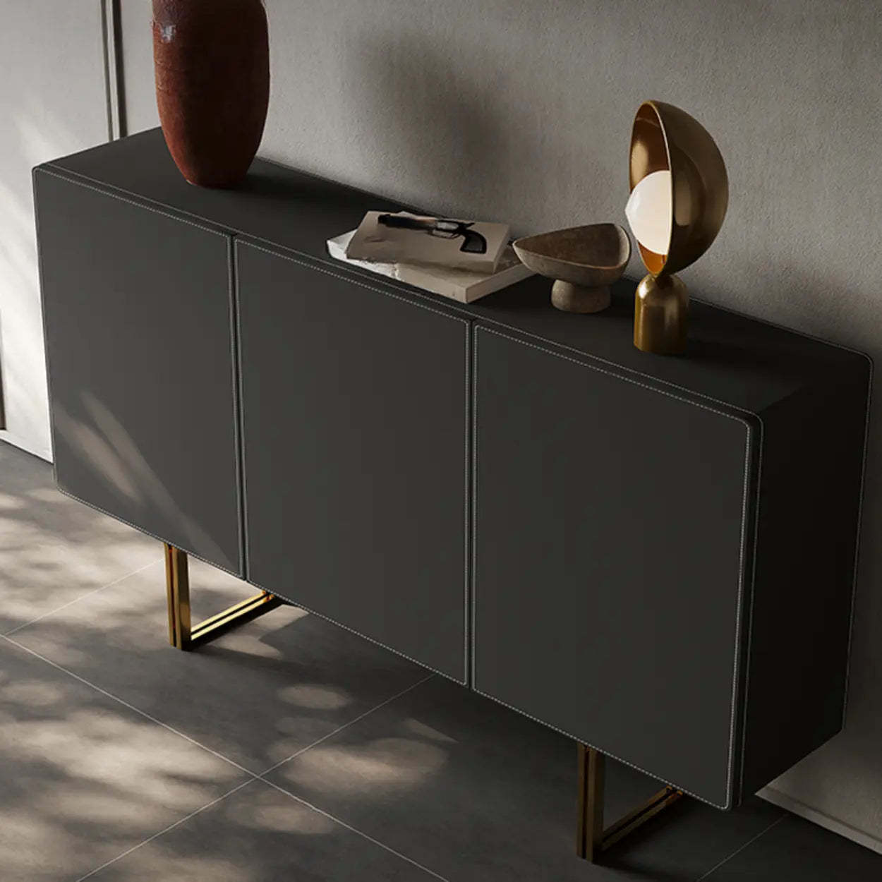 Leather Top Rectangular Black Metal Storage Console Table