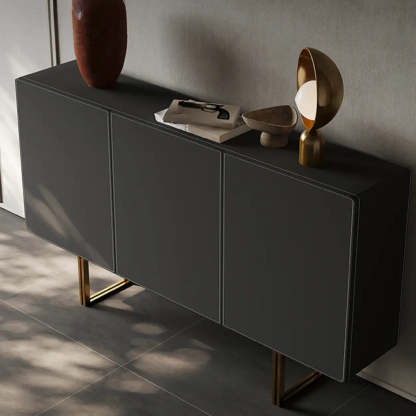 Leather Top Rectangular Black Metal Storage Console Table