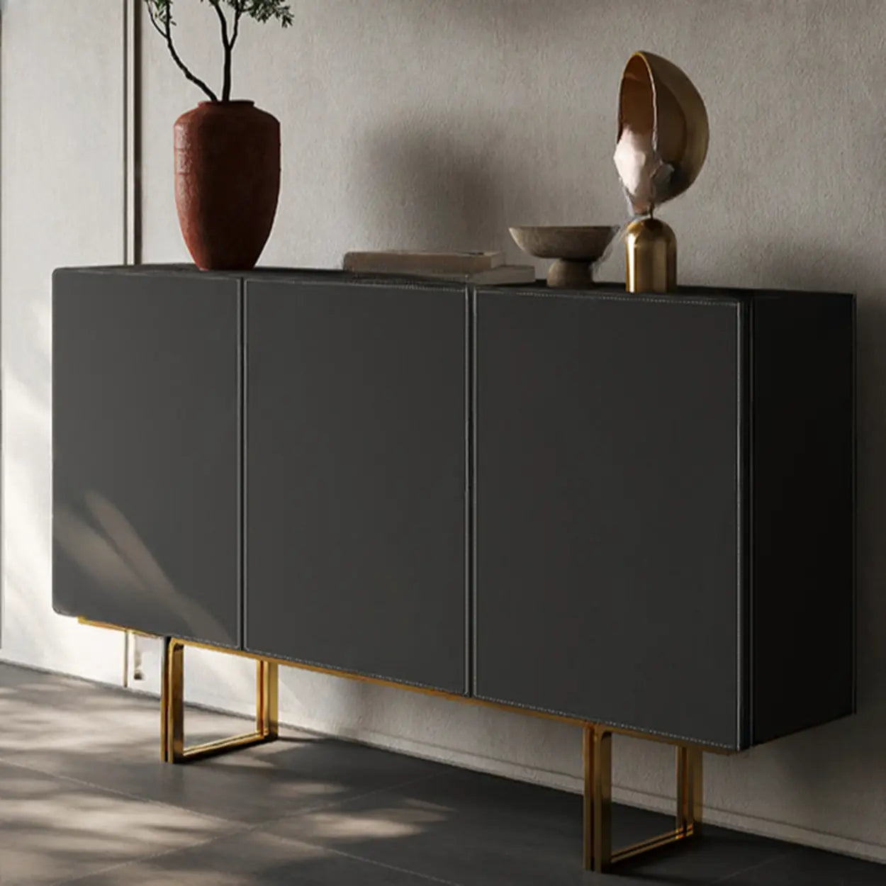 Leather Top Rectangular Black Metal Storage Console Table
