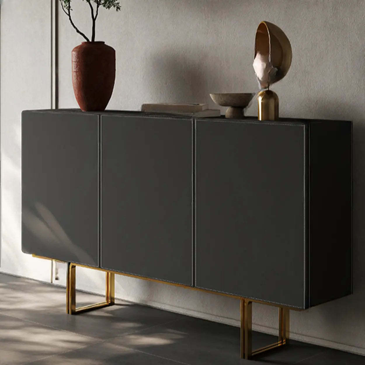 Leather Top Rectangular Black Metal Storage Console Table