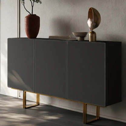 Leather Top Rectangular Black Metal Storage Console Table
