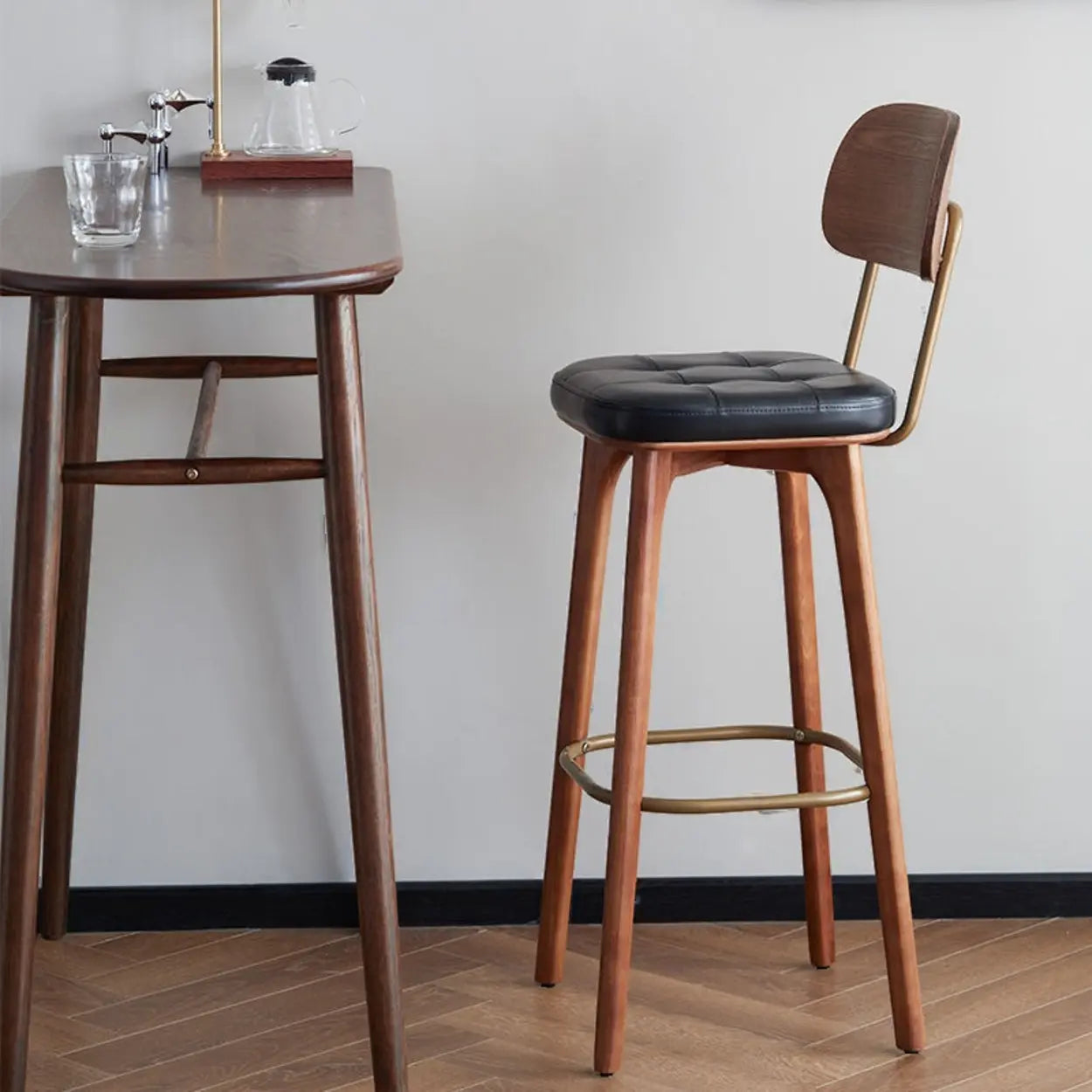 Leather Tufted Wood Bar Stool with Footrest — Black / Walnut