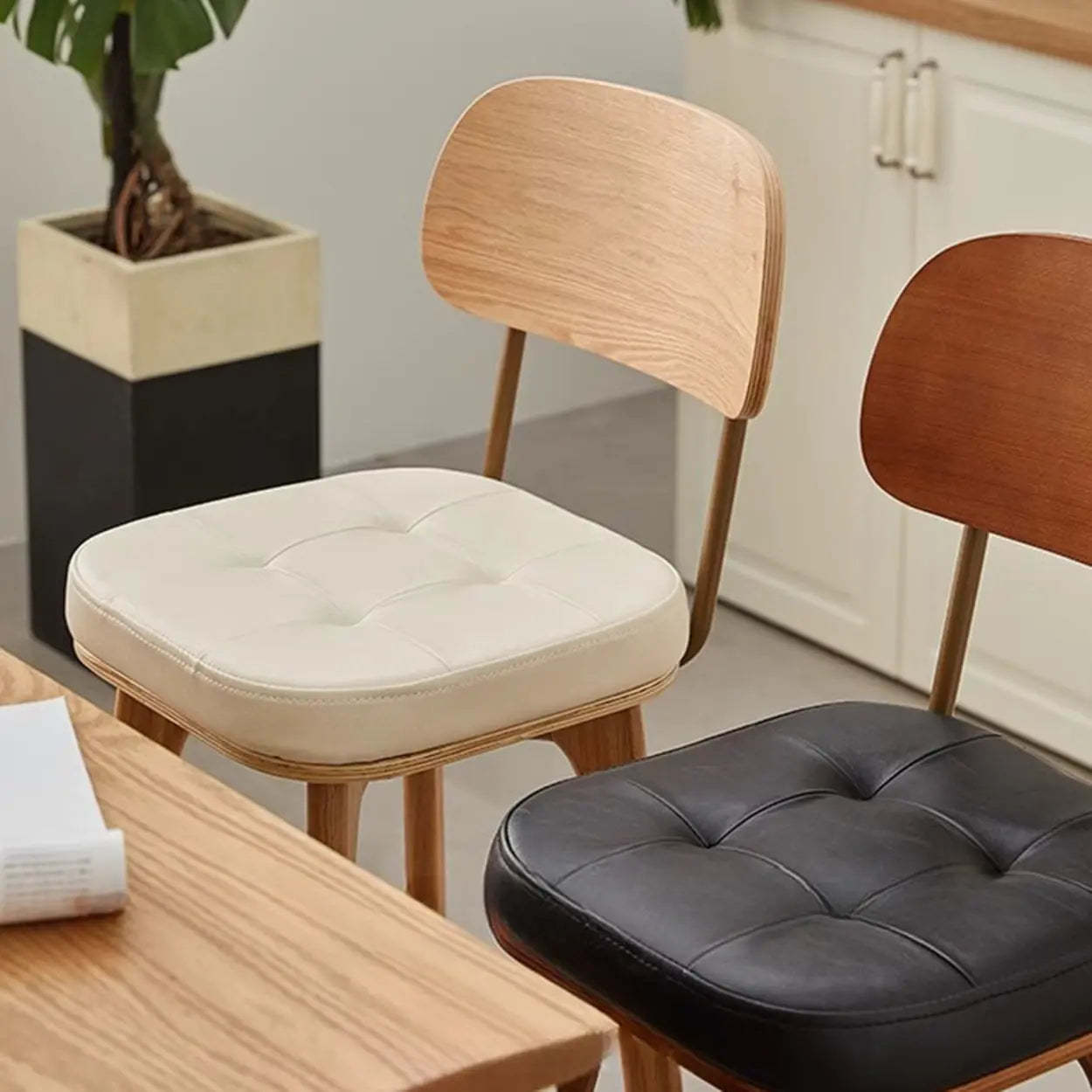 Leather Tufted Wood Bar Stool with Footrest
