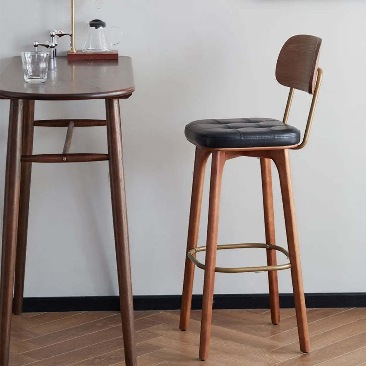 Leather Tufted Wood Bar Stool with Footrest — Black / Walnut