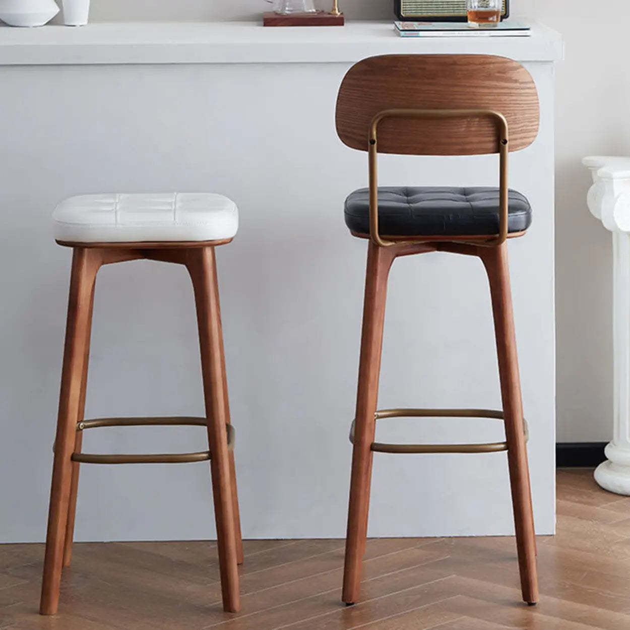 Leather Tufted Wood Bar Stool with Footrest — Black / Walnut / 42.1″H x 16.1″W x 16.1″D