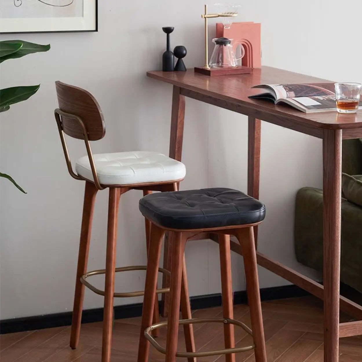 Leather Tufted Wood Bar Stool with Footrest — Blue / Walnut