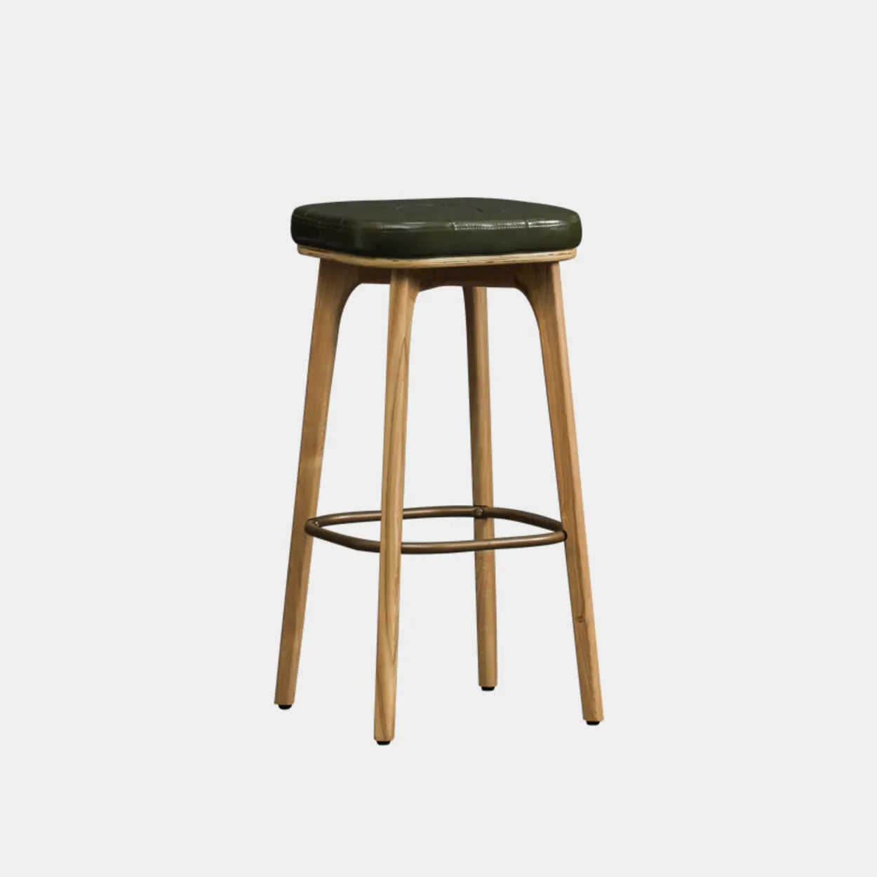 Leather Tufted Wood Bar Stool with Footrest — Green / Natural