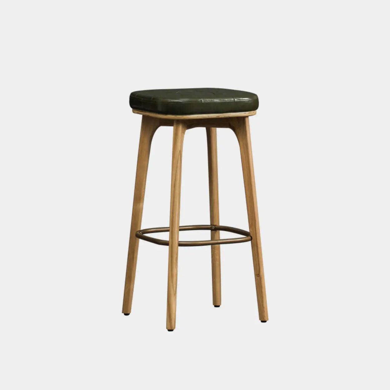 Leather Tufted Wood Bar Stool with Footrest — Green / Natural