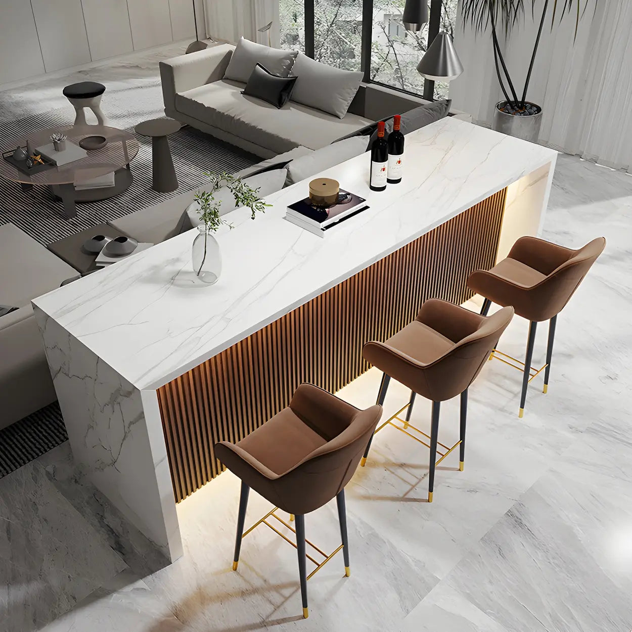 Modern LED White Marble Tall Bar Table — White-Brown / Table Only