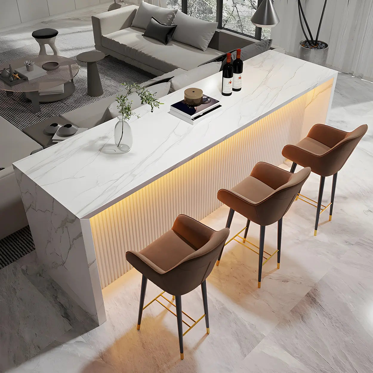 Modern LED White Marble Tall Bar Table — White-Brown / Table Only