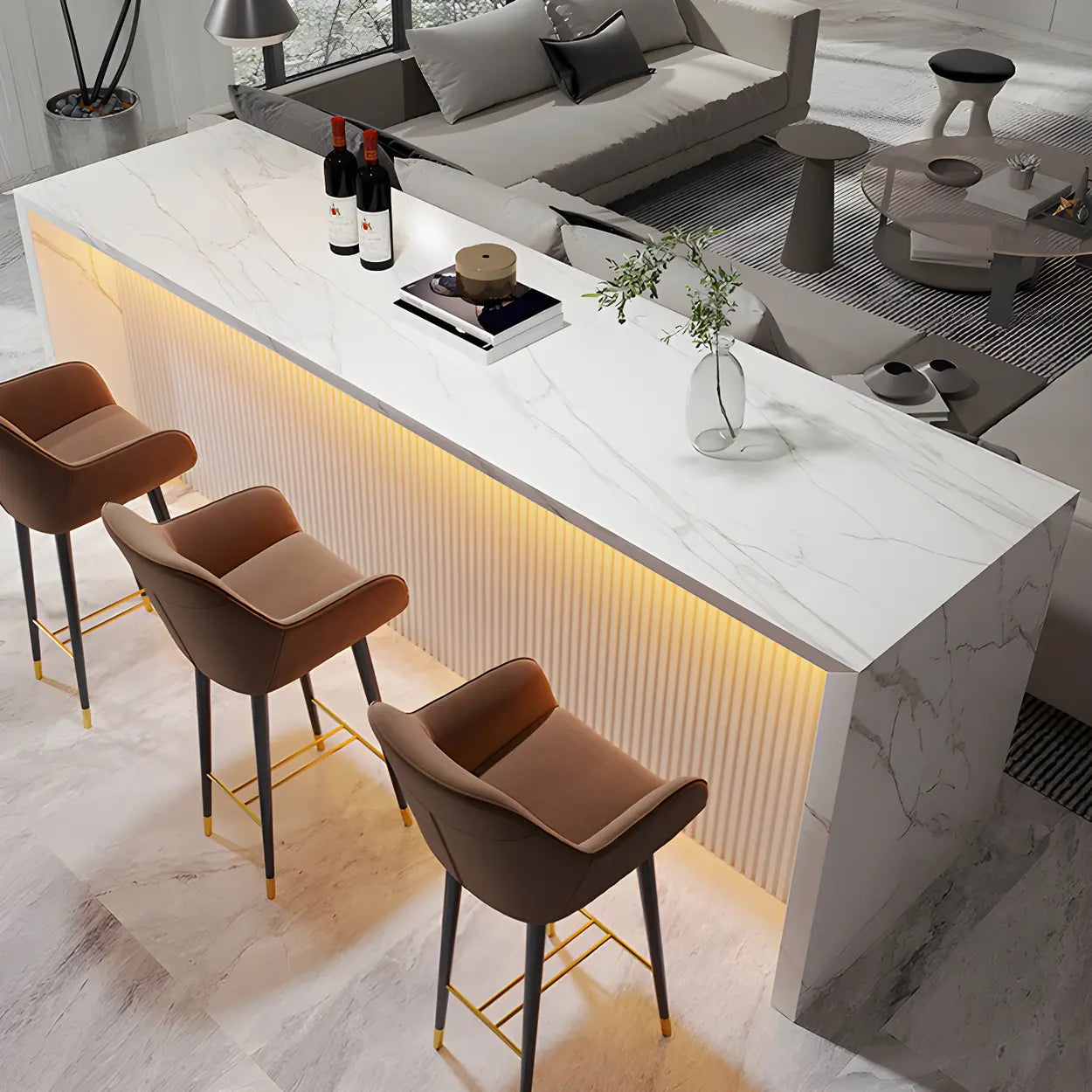 Modern LED White Marble Tall Bar Table — White-Brown / Table Only