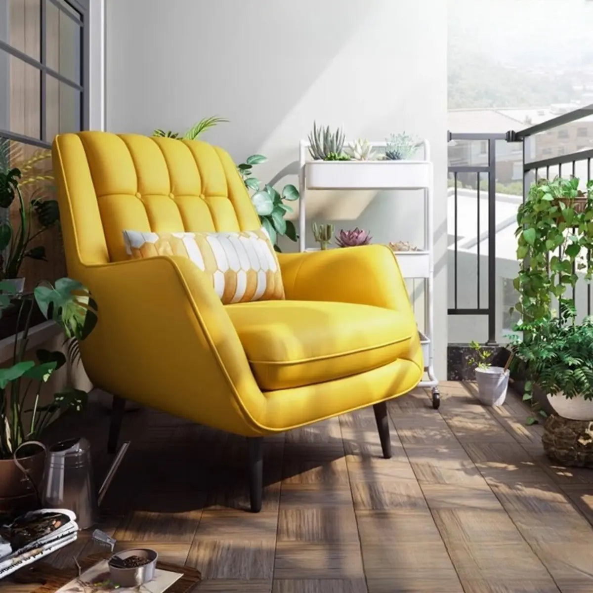 Lemon Yellow Full Grain Cow Leather Mid-Back Arm Chair