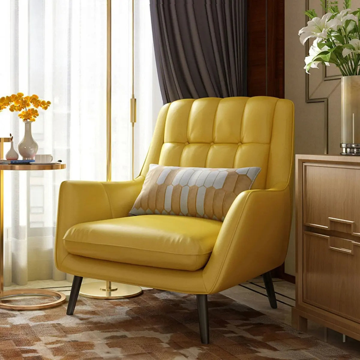 Lemon Yellow Full Grain Cow Leather Mid-Back Arm Chair — Blue / Full Grain Cow Leather