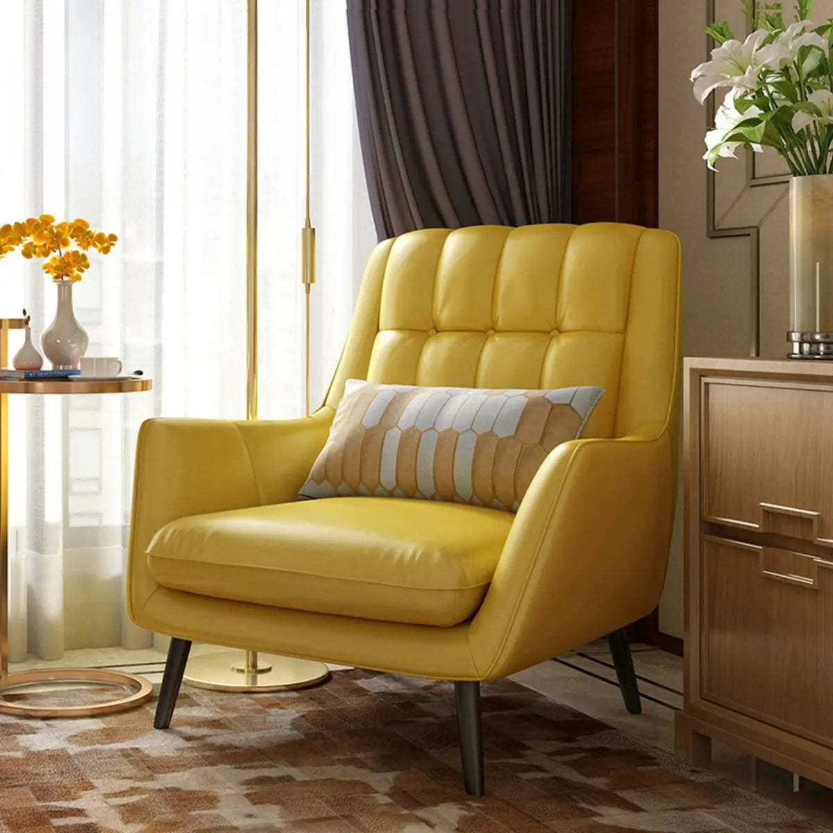 Lemon Yellow Full Grain Cow Leather Mid-Back Arm Chair — Blue / Full Grain Cow Leather