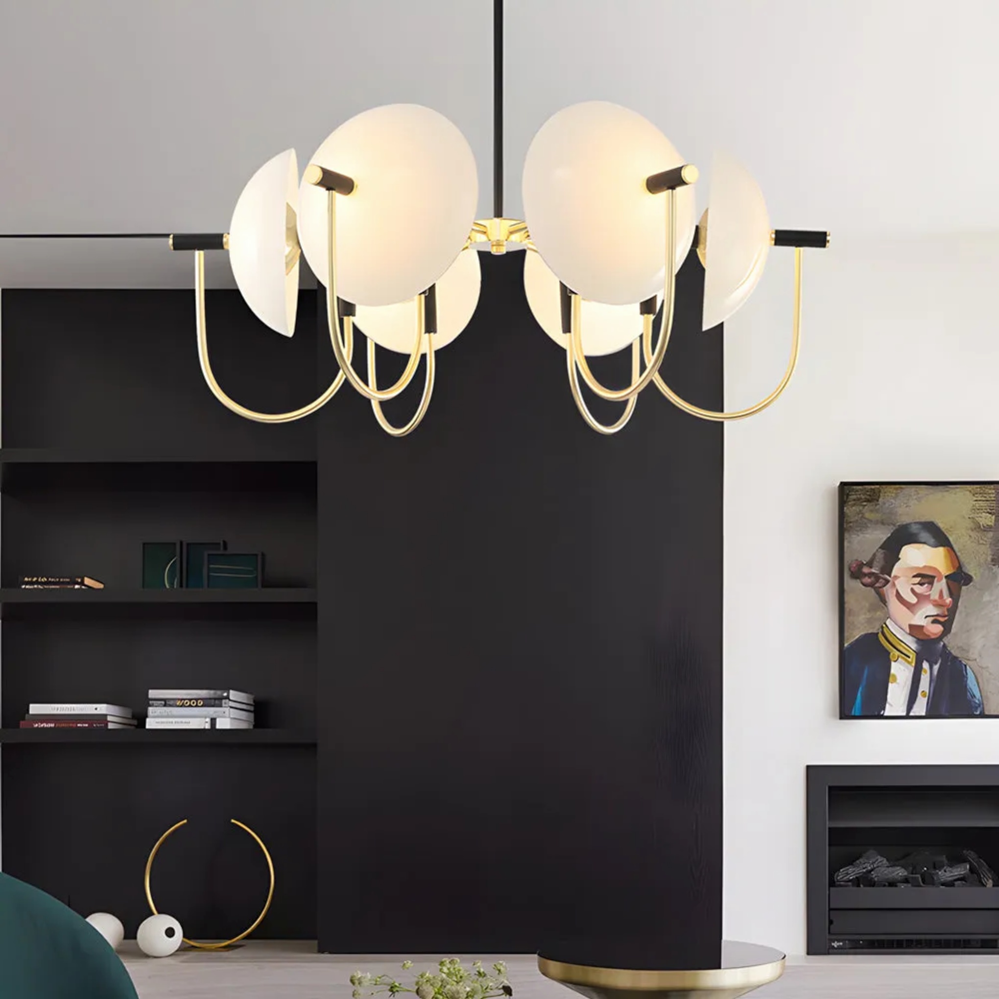 Black glass semicircular 6-head chandeliers - modern — 1-Light