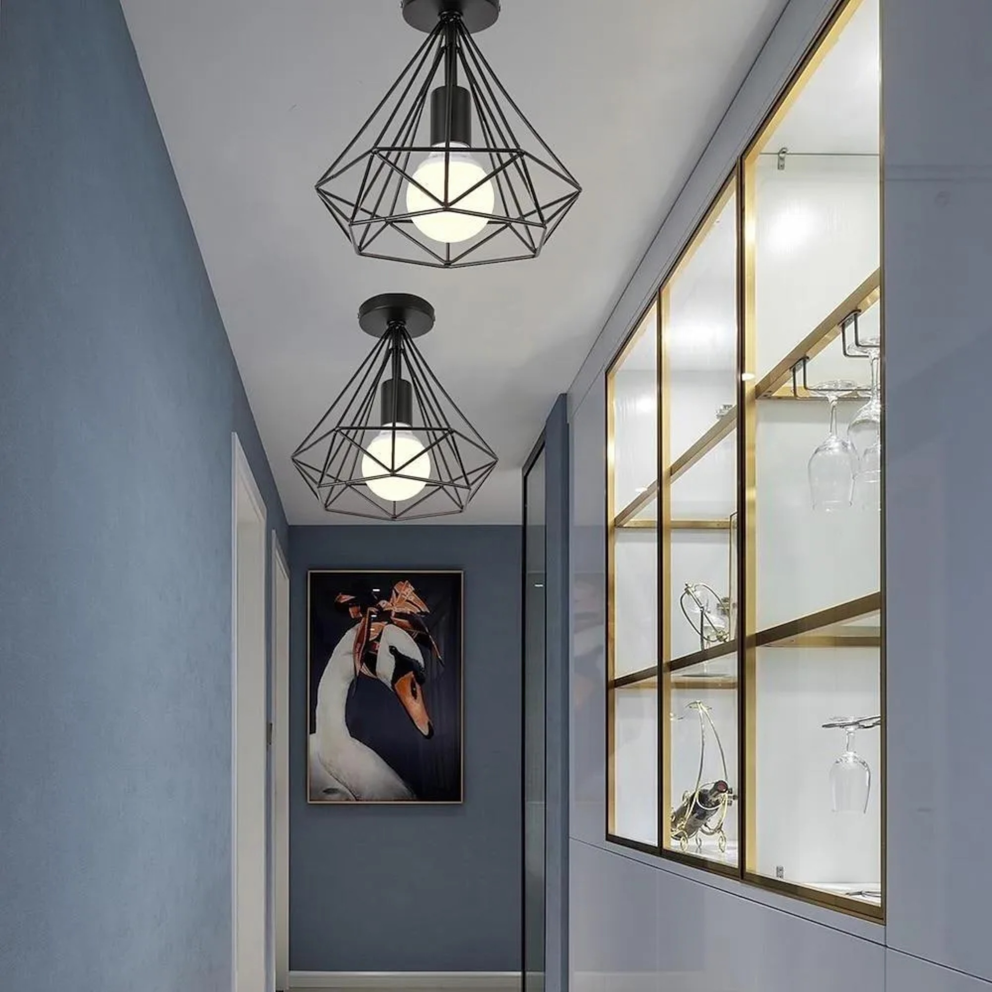 White caged retro semi-flush mount light