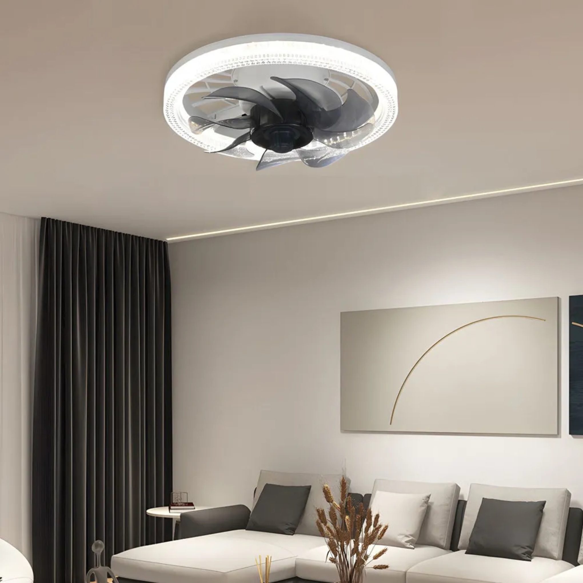 Modern low-profile 7-blade ceiling fans in synthetic metal acrylic