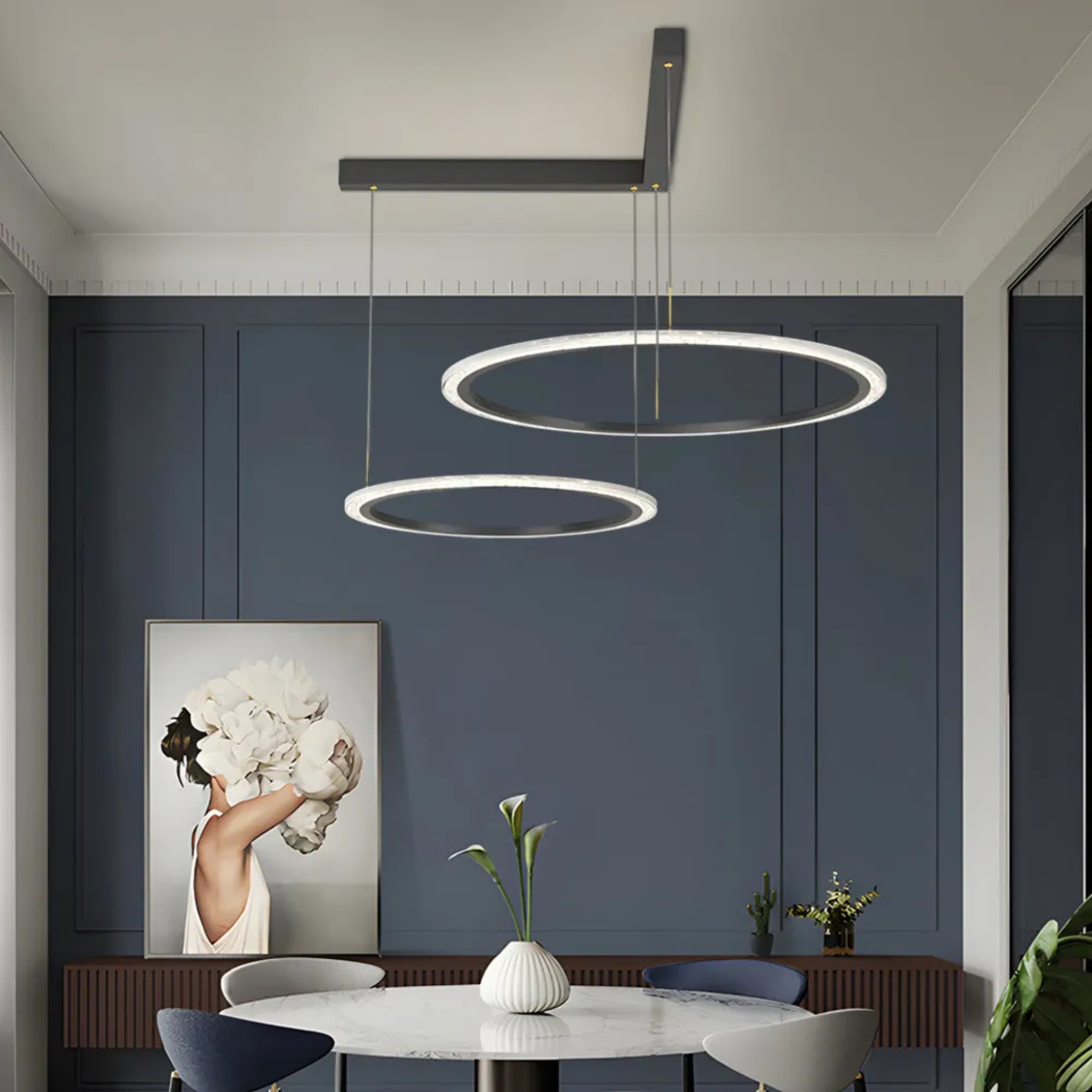 Minimalist ring 3-circle black chandeliers, Lighom — 15.7" Dia & 23.6" / 2-Ring / Matte Black