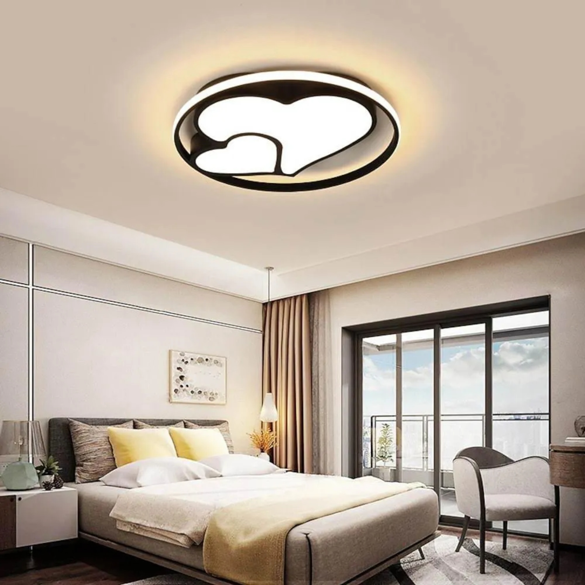 Modern 2-heart circle black flush mount lighting — Warm White (3000K) / White