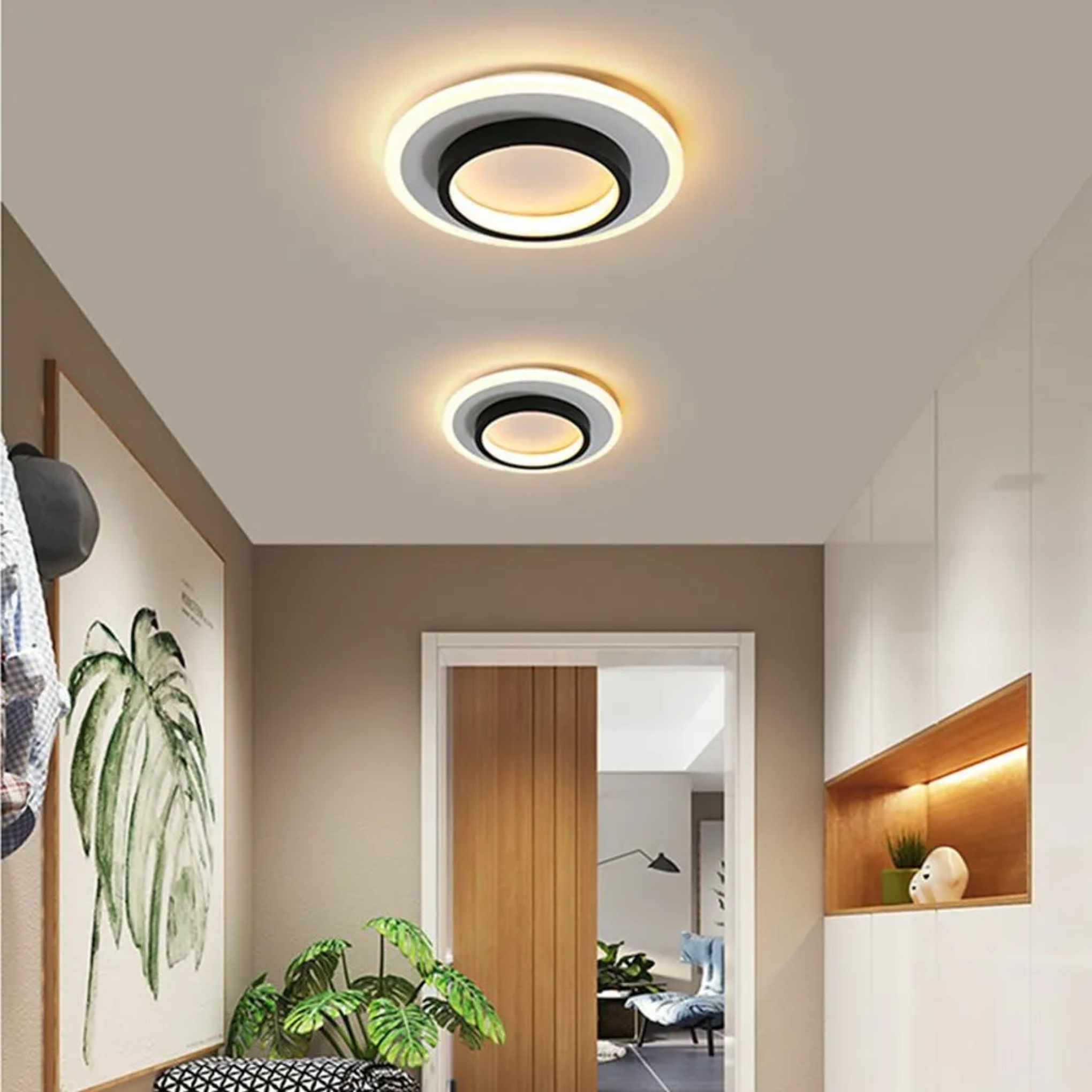 Black modern circular 2-light flush mount lighting — Warm White / Set of 1