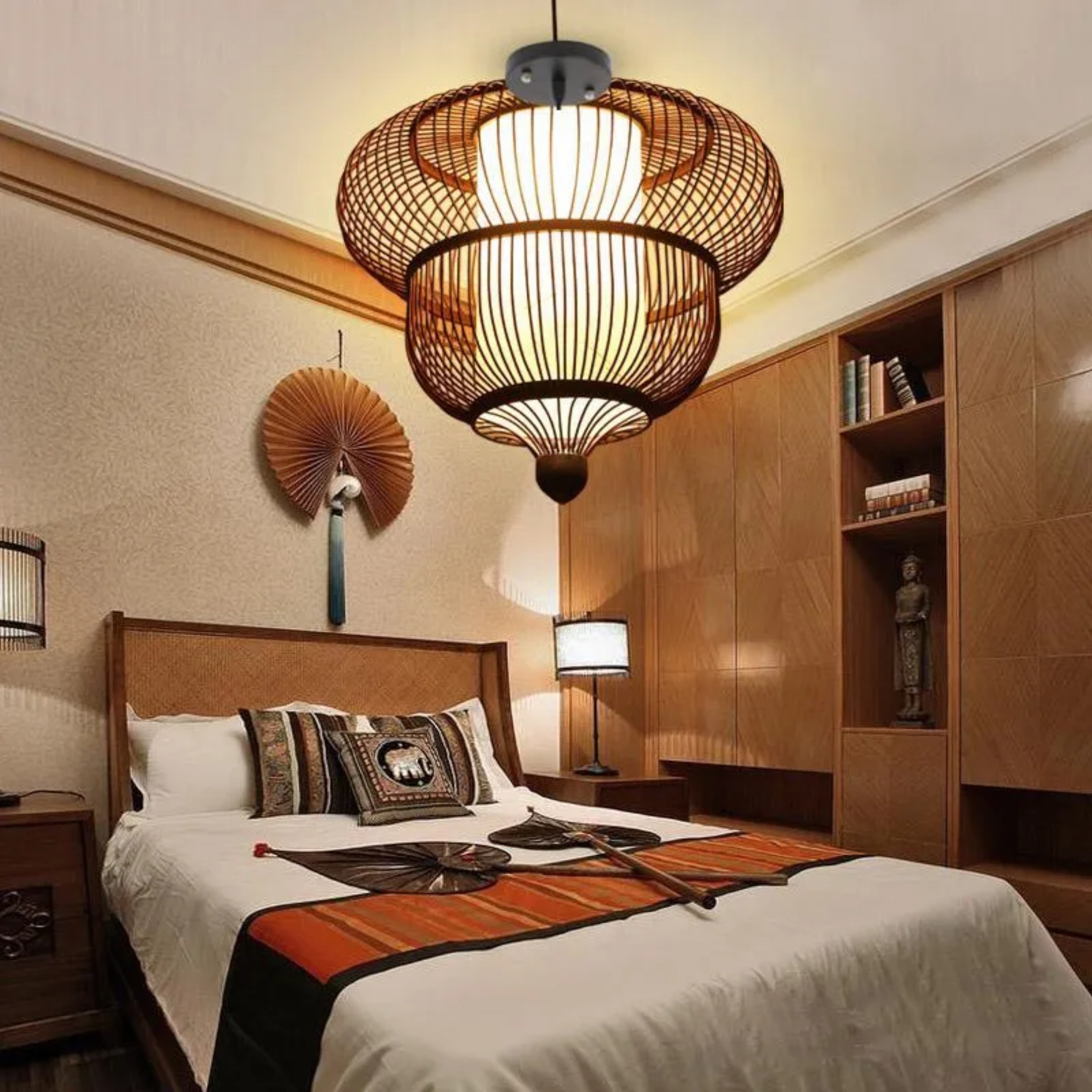 Lighom rustic moroccan dark brown pendant lighting in wood bamboo fabric