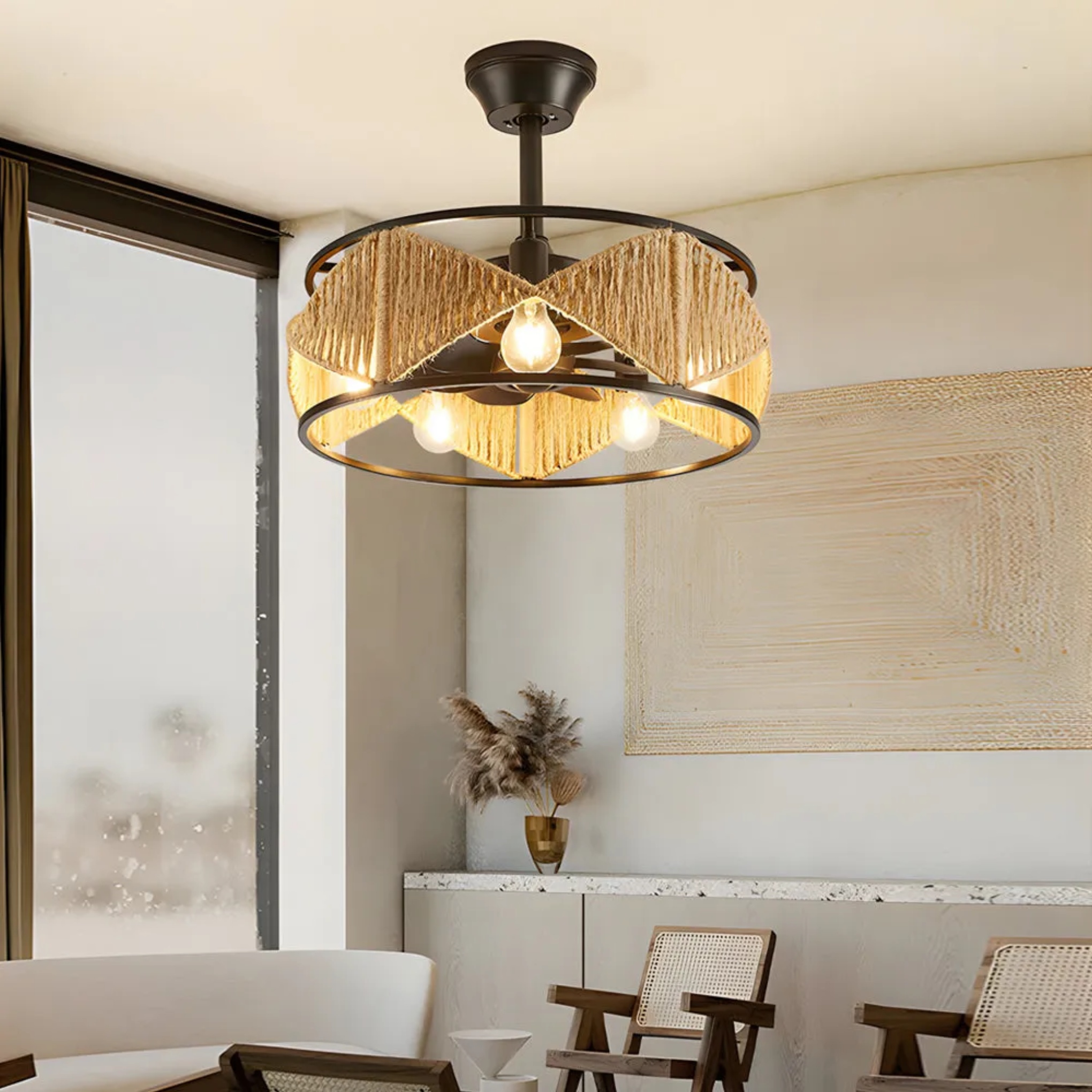 Rustic hemp rope-woven ceiling fans in natural — Dia 19.7" x 17.7" H