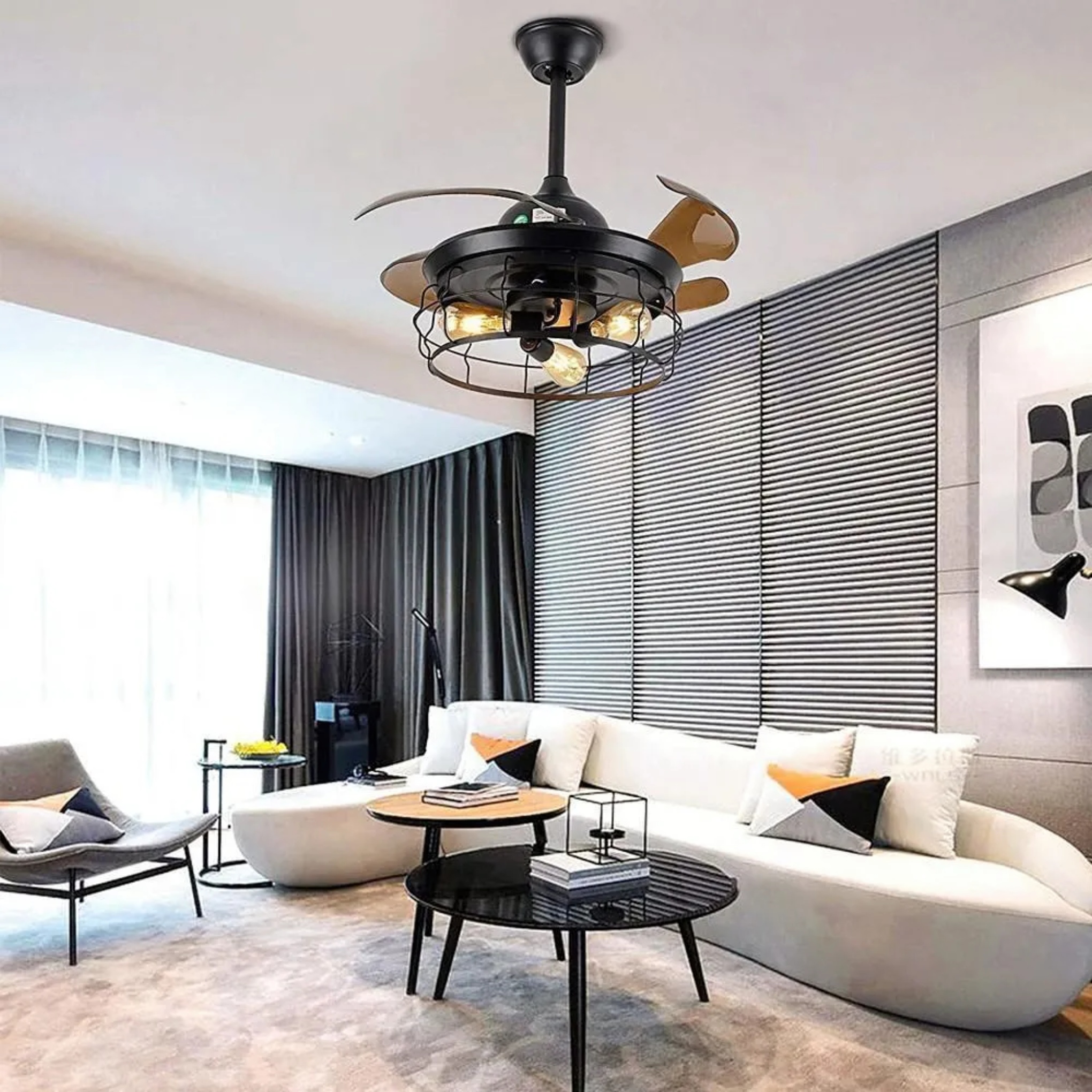Industrial 3-blade retractable ceiling fans in synthetic — 3-Speed Control / Warm White (3000K)