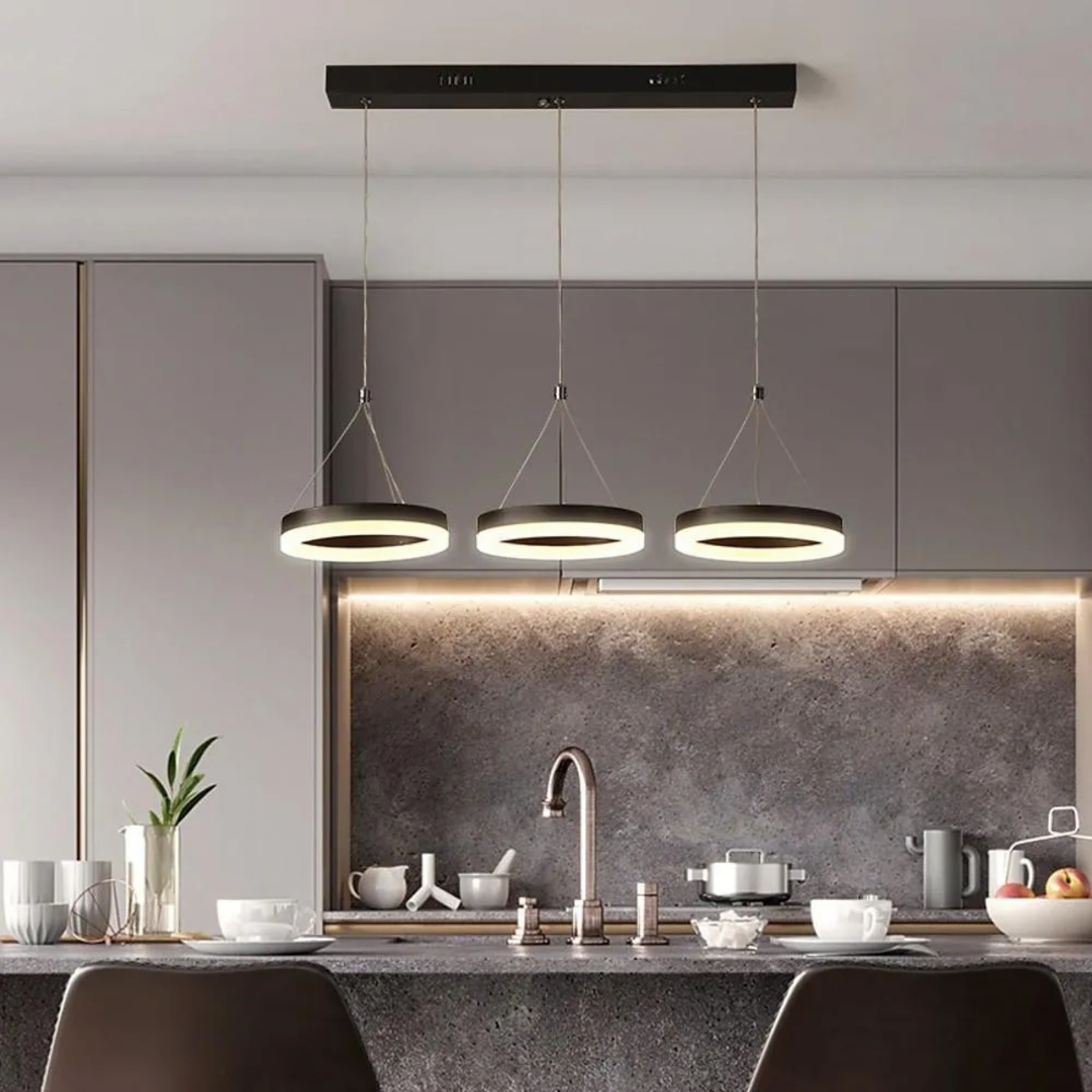 Black synthetic 3-circle pendant lighting - modern — Warm White (3000K) / White