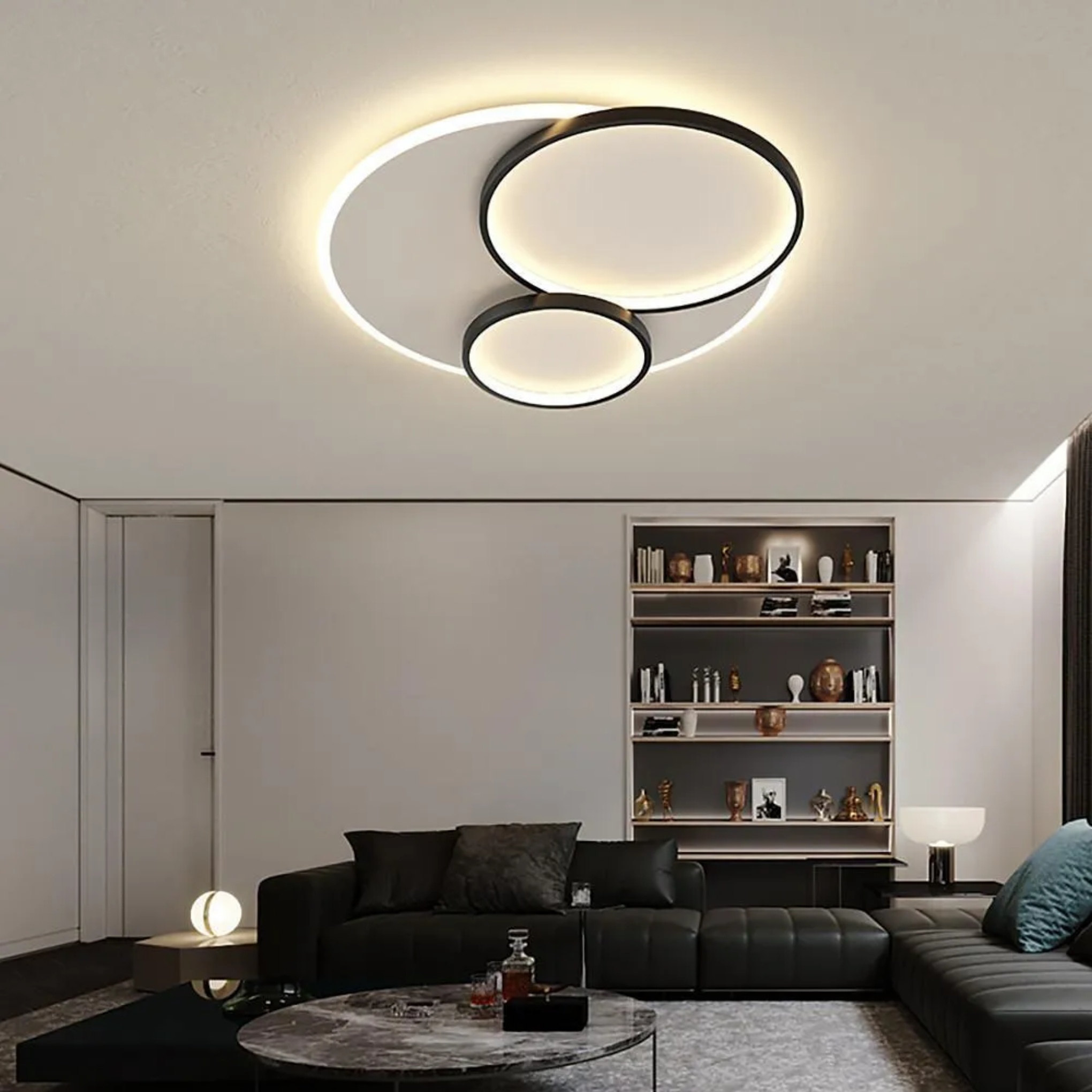 3-circle metal flush mount lighting for hallway — Dia 16" x 4" H / Matte Black / Warm White (3000K)
