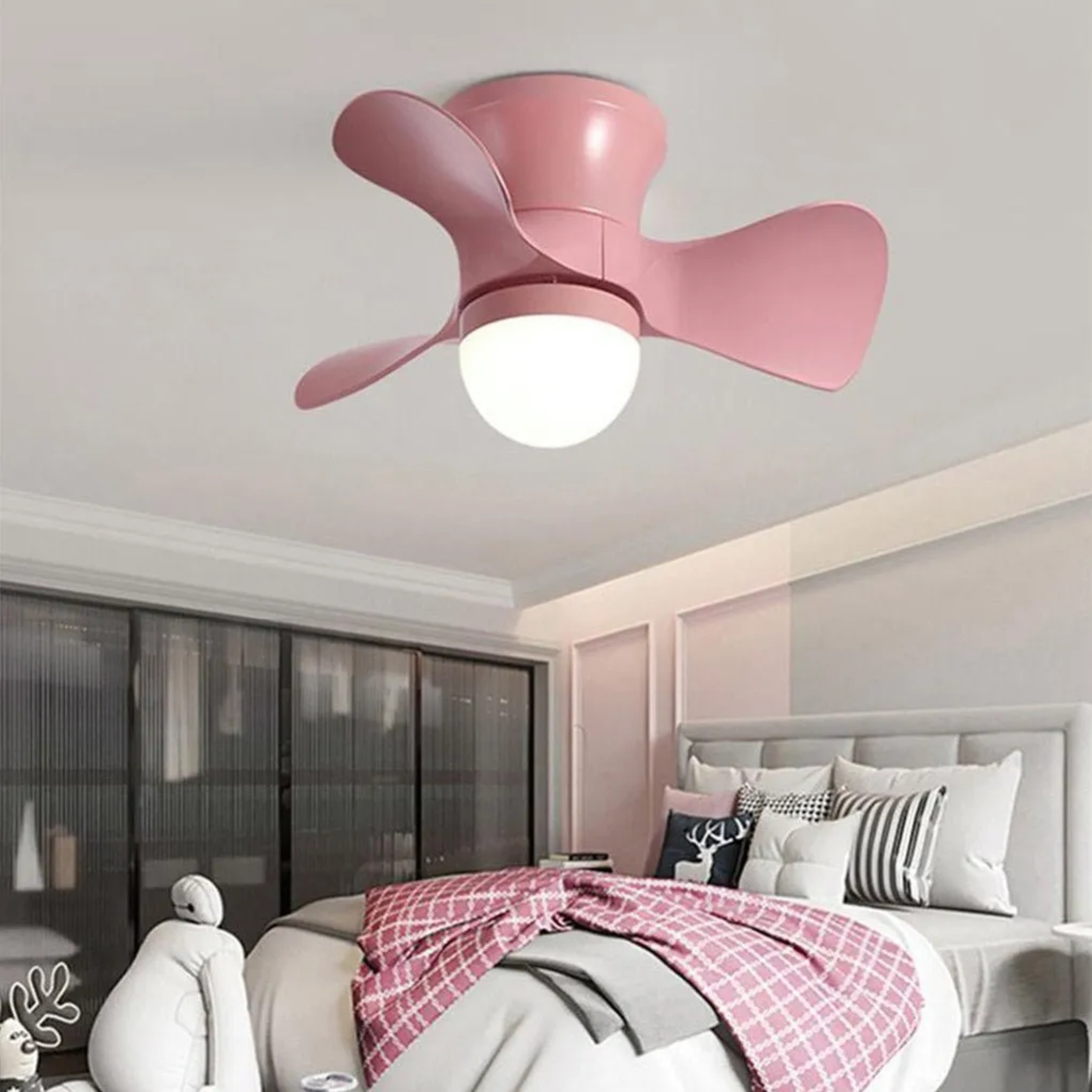 Modern small 3-curved-blade white kids ceiling fans in synthetic — Pink