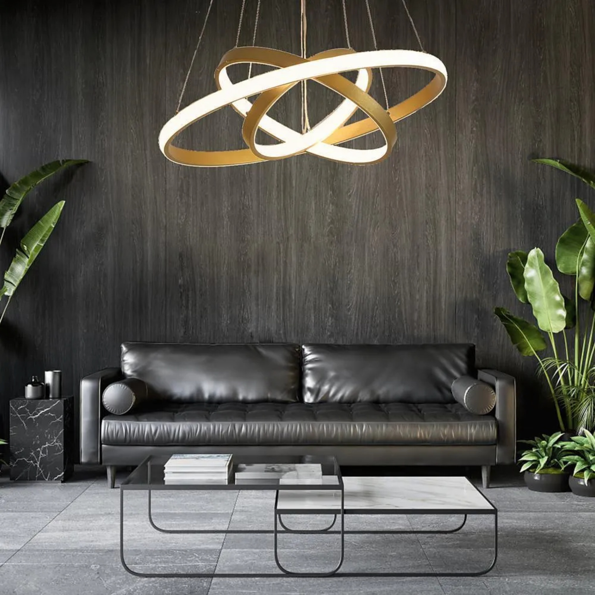 Contemporary 3-ring gold chandeliers — Warm White (3000K)
