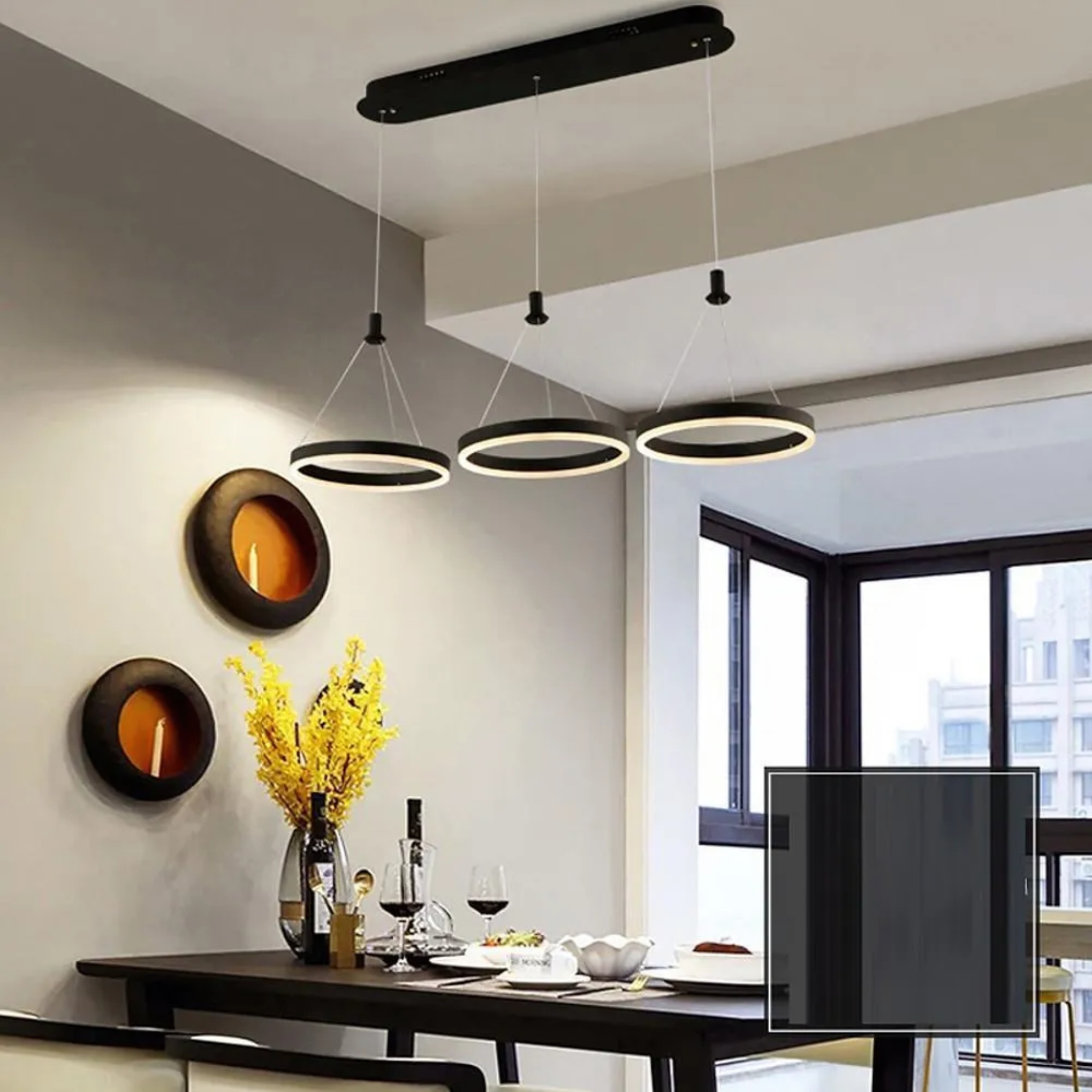 Black synthetic 3-ring pendant lighting - modern — Warm White (3000K) / White