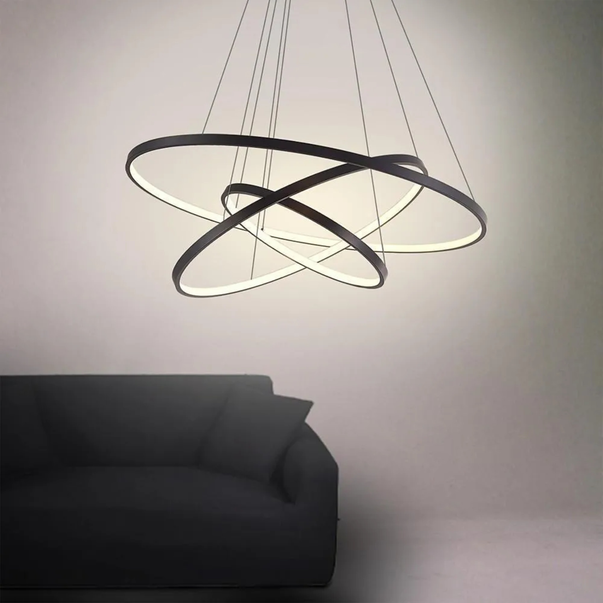 Interweaved 3-ring black chandeliers, Lighom — Warm White (3000K) / White