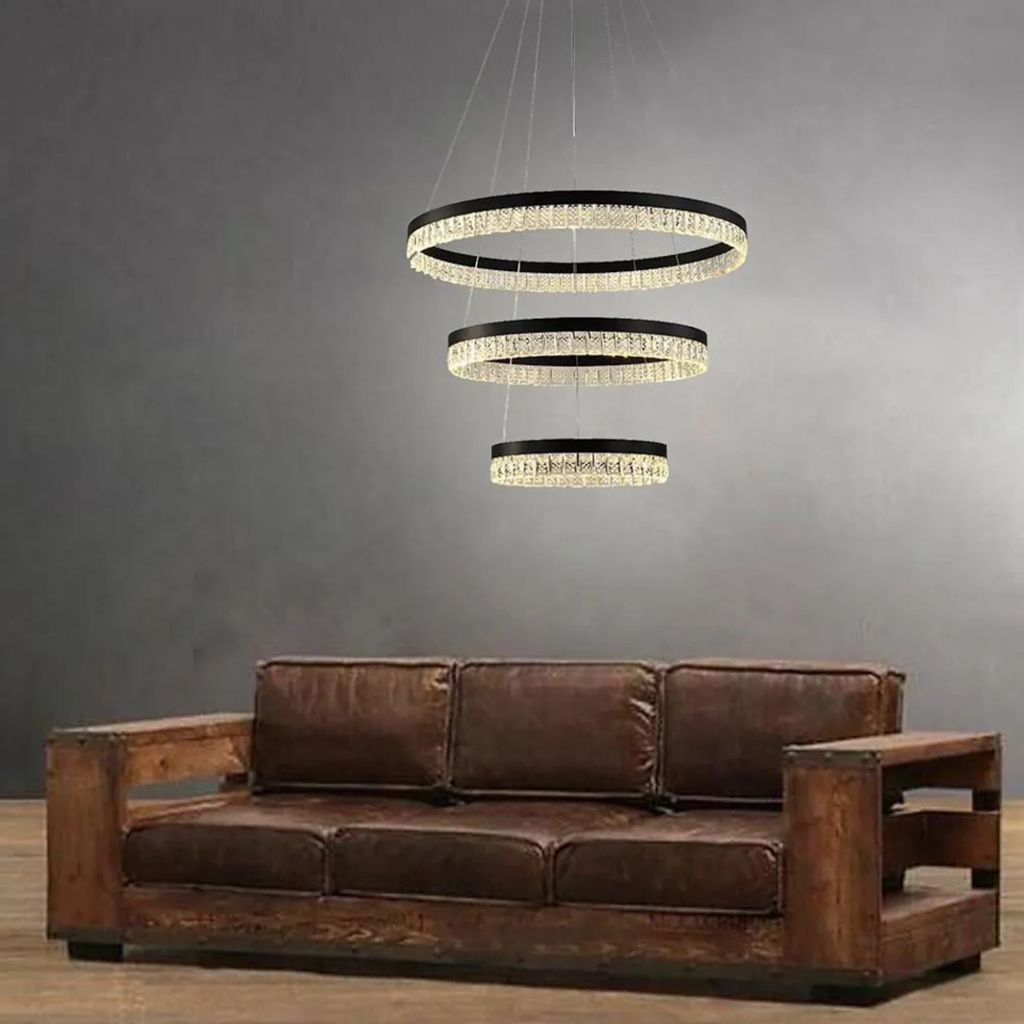 Black modern 3-tier circle chandeliers — Warm White (3000K)