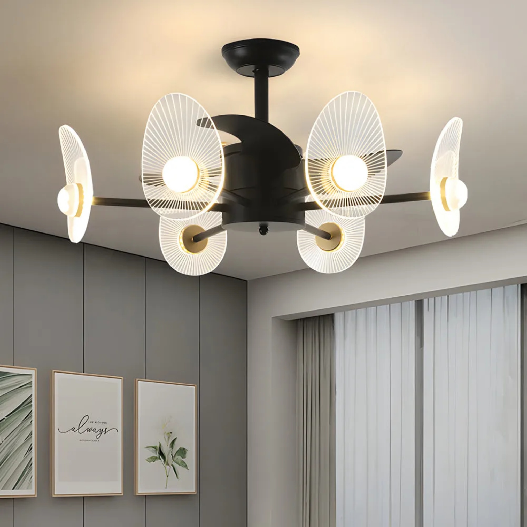 Modern 3-blade round ceiling fans in acrylic — 6-Light