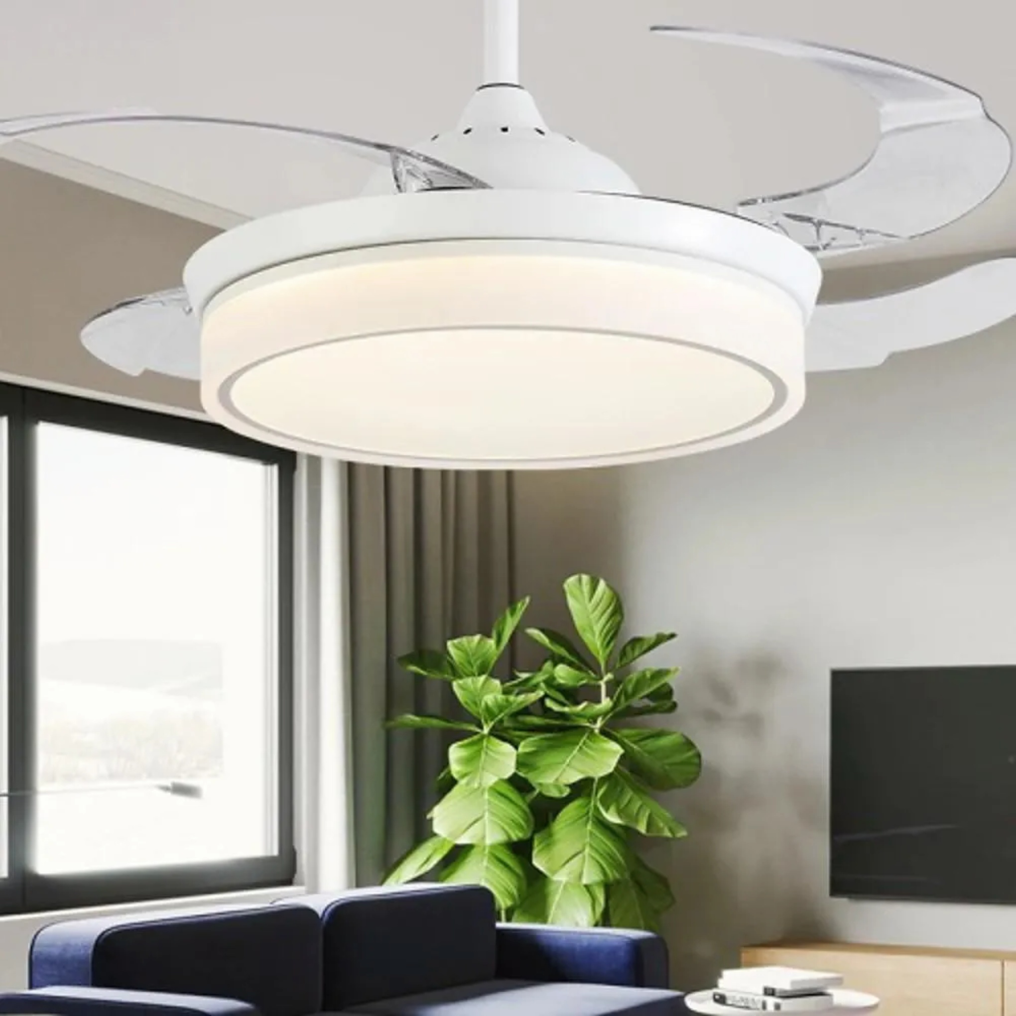 Lighom industrial 4-blade retractable white ceiling fans in synthetic — 18" H x 15" Dia