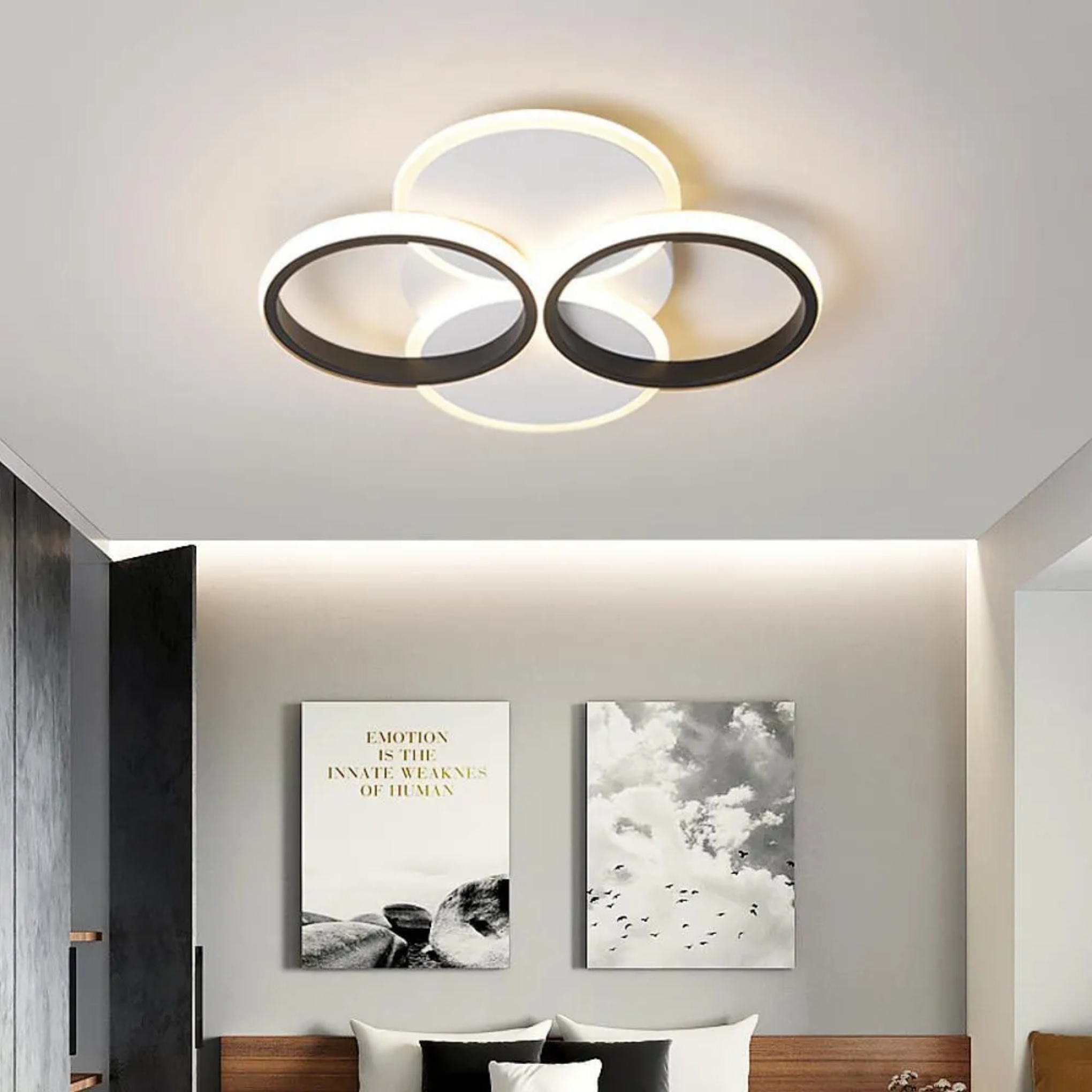 Lighom modern 4-circle geometric black flush mount lighting — Warm White (3000K) / White