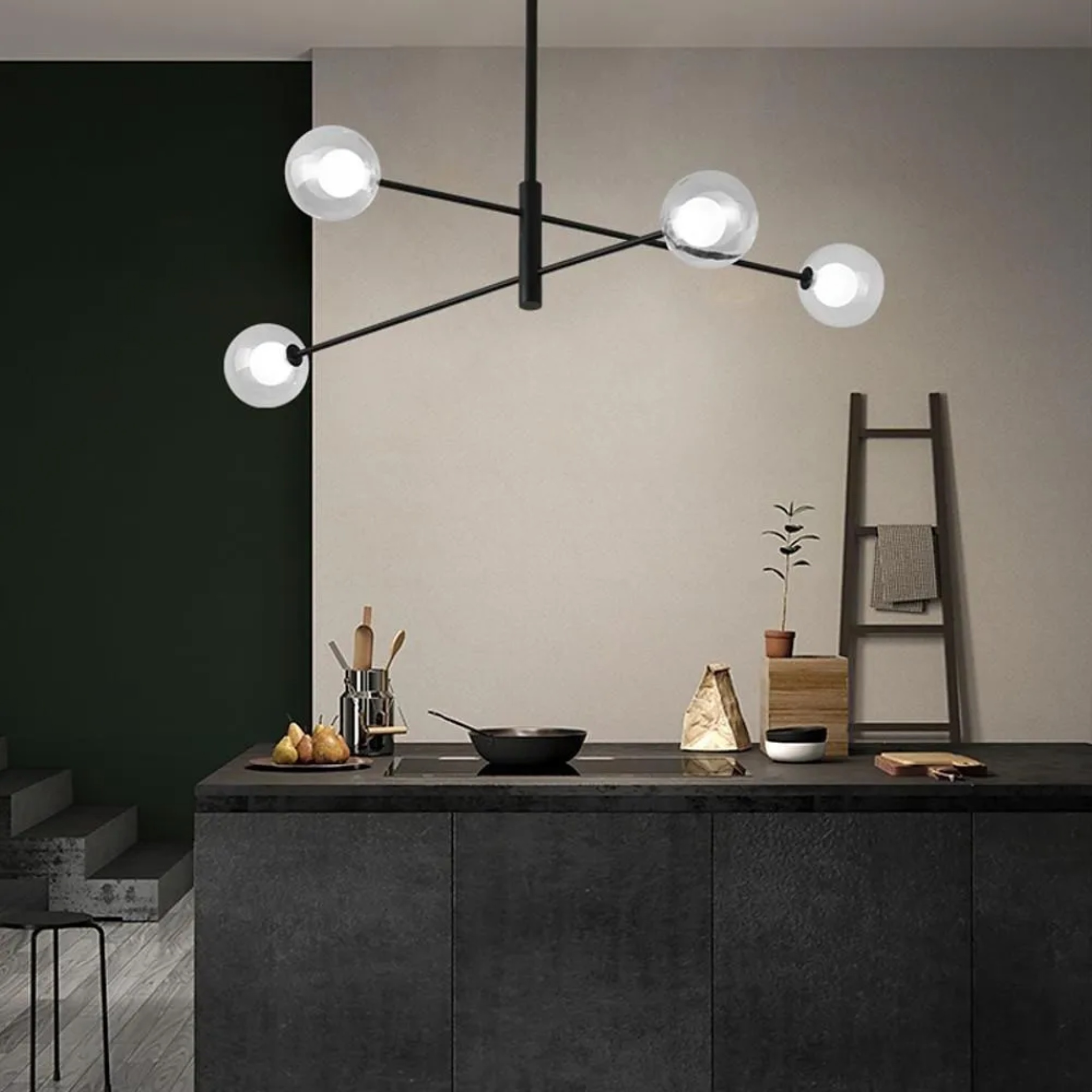 Black glass linear 4-light chandeliers - modern — Warm White (3000K)