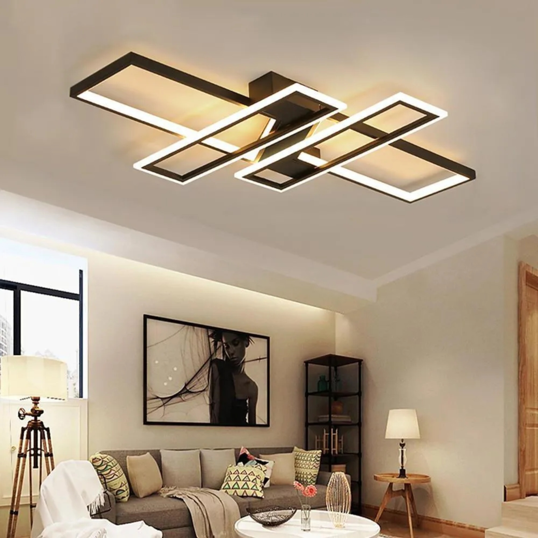 Modern 4-rectangle black synthetic semi-flush mount light — Warm White (3000K)