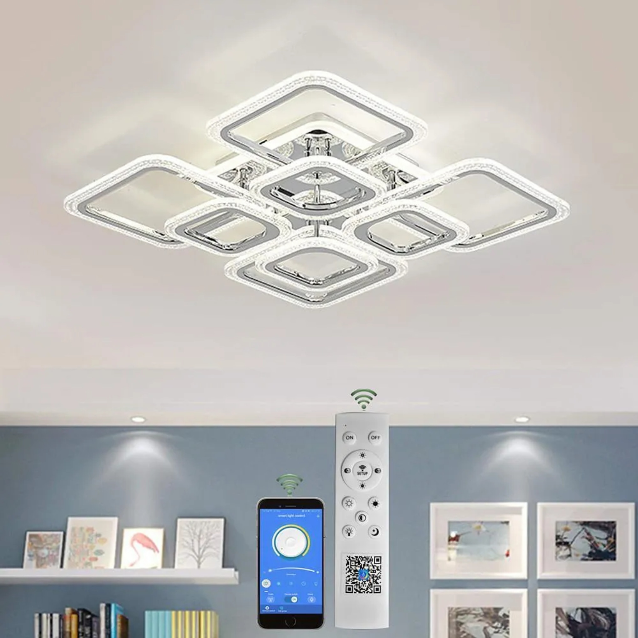 Modern 5-square gray semi-flush mount light — Polished Chrome / Warm White (3000K) / 5-Light