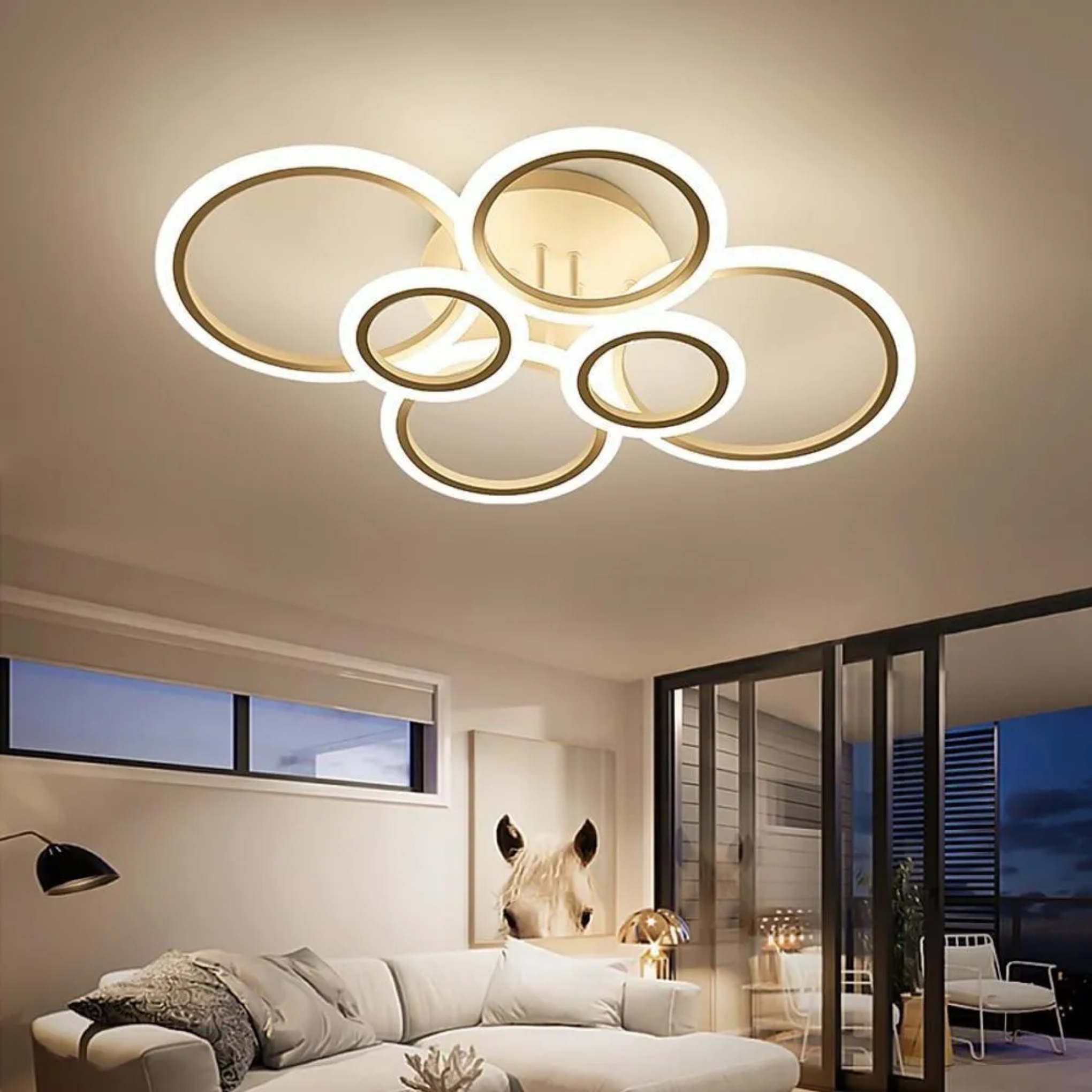 White metal geometric 6-circle flush mount lighting — Warm White (3000K)