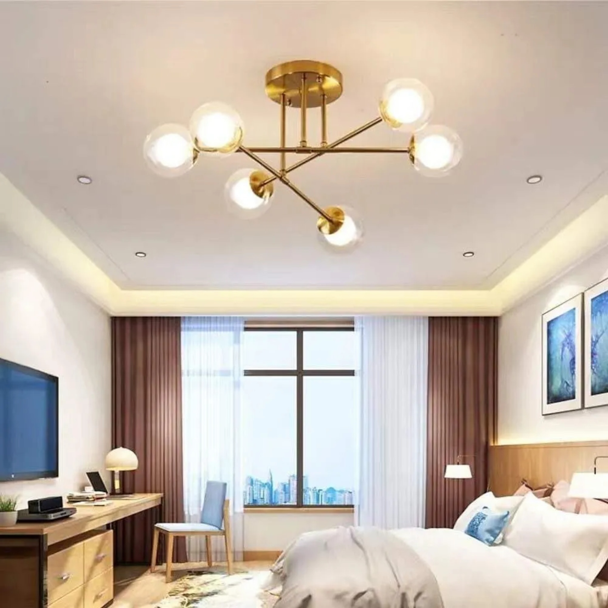 Modern island 6-light glass semi-flush mount light — Warm White (3000K) / Matte Black