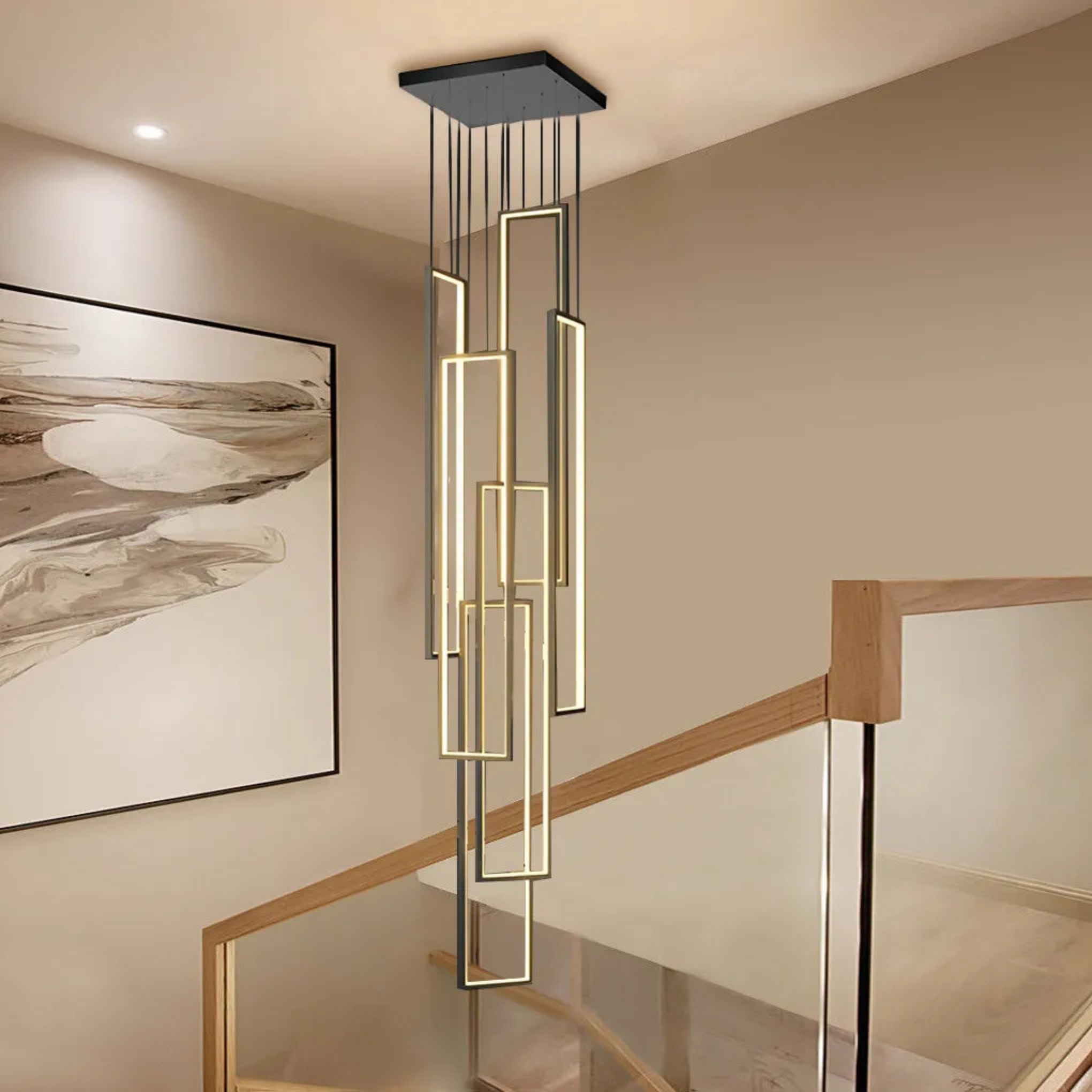 Black aluminum rectangular 6-light staircase chandeliers - modern — 24" L x 24" W x 39" H / Cool White (6000K)