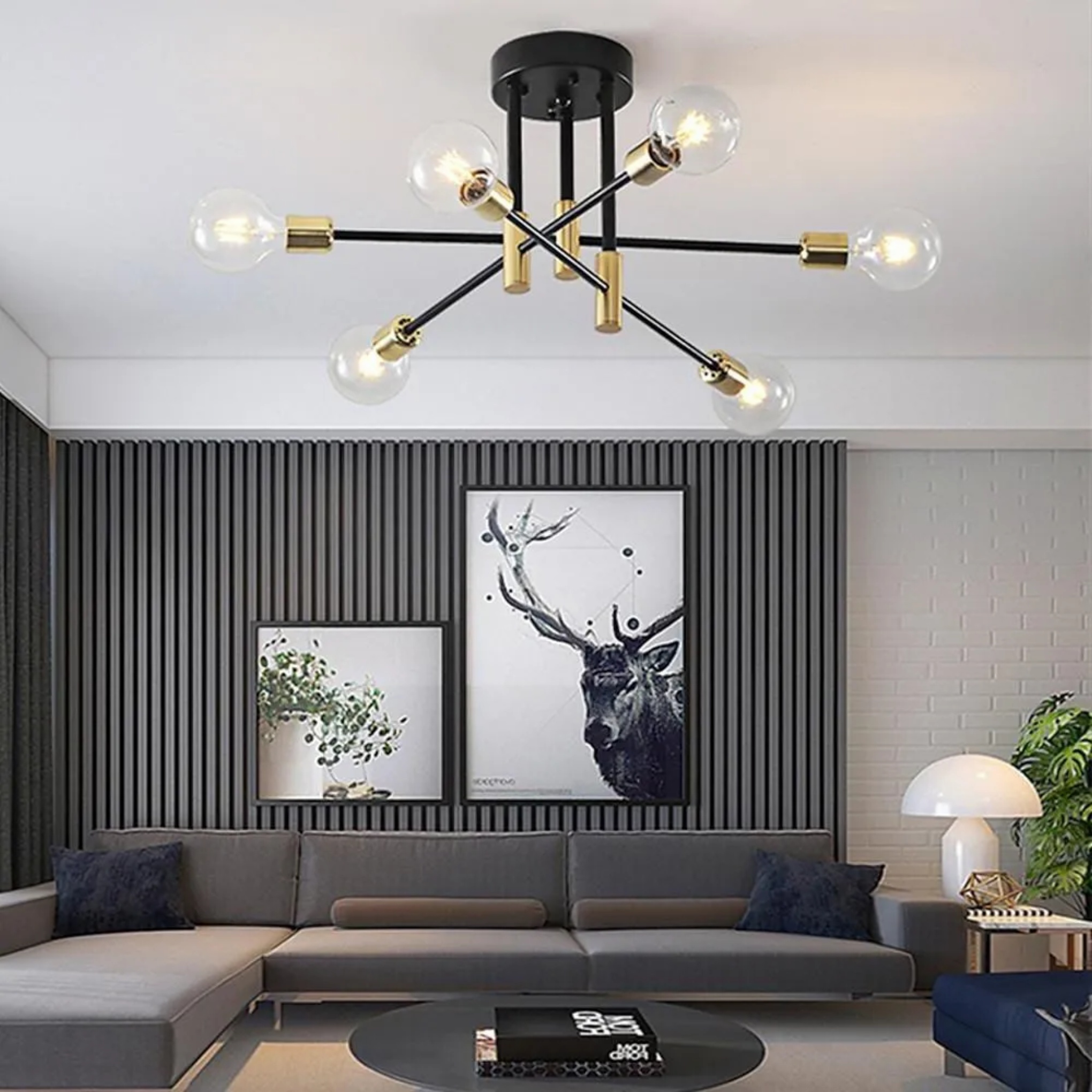 Nordic 6-light sputnik black semi-flush mount light in metal — Set of 1
