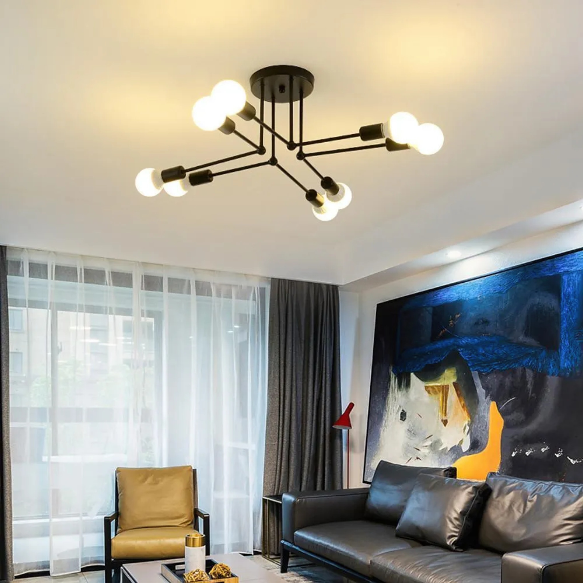 Black metal linear 8-light semi-flush mount light - modern — Matte Black