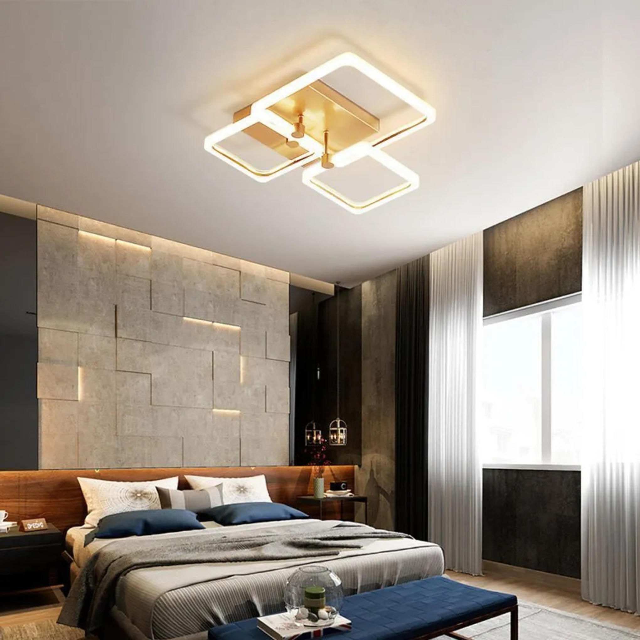 Modern artistic semi-flush mount light in synthetic — 16" L x 16" W x 3" H / Warm White (3000K) / Gold & Blue