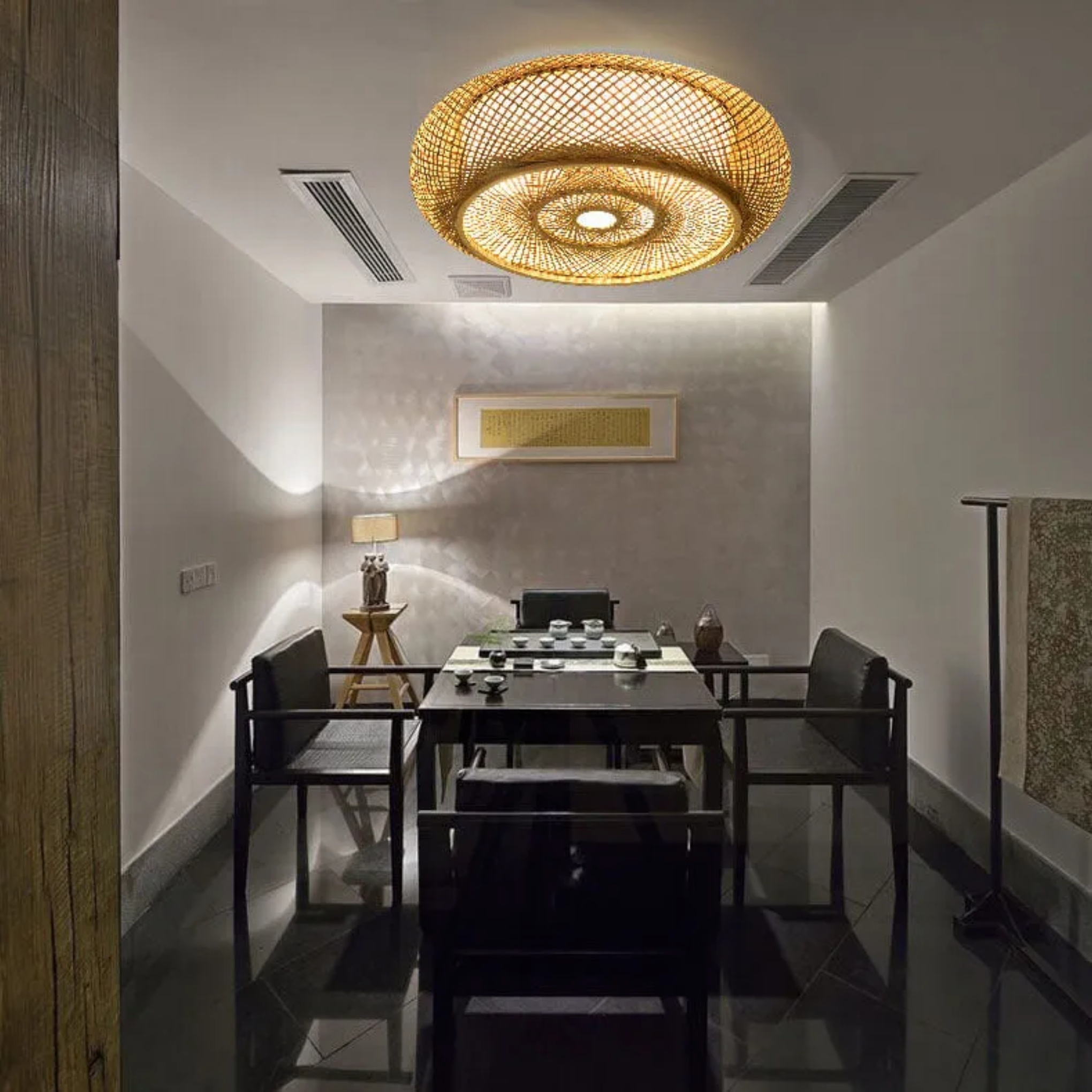 Japanese weaving 3-light flush mount lighting in bamboo — Small (12"H / 110V-120V (US/CA)